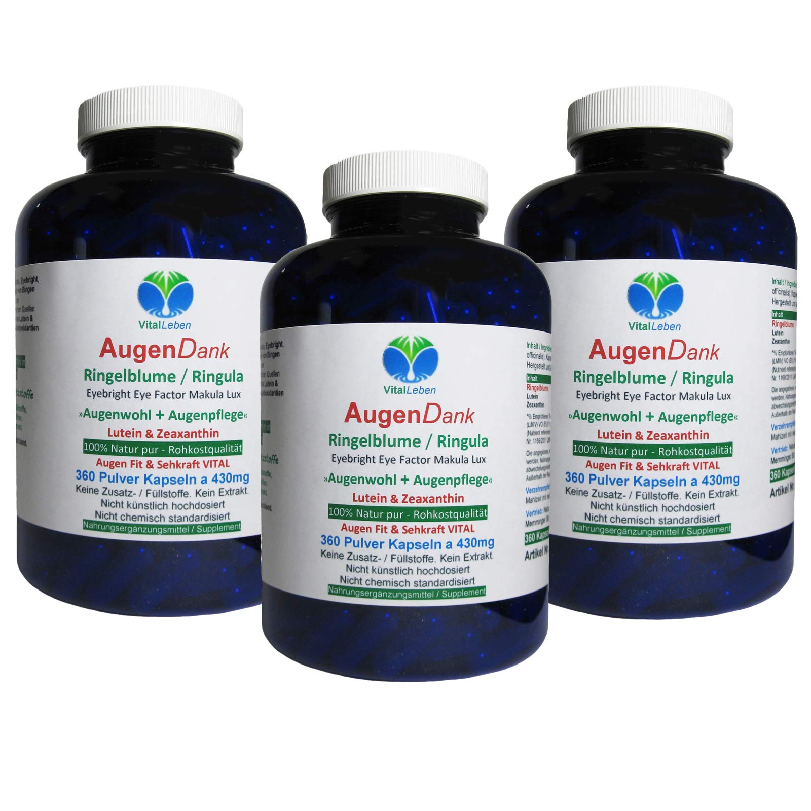 RINGELBLUME AUGEN Vitamine Lutein & Zeaxanthin Sehkraft VITAL COMPLEX + Netzhaut Maculapigmente - 1080 (3x360) Kapseln - Natur pur - OHNE ZUSATZSTOFFE. 26970-7