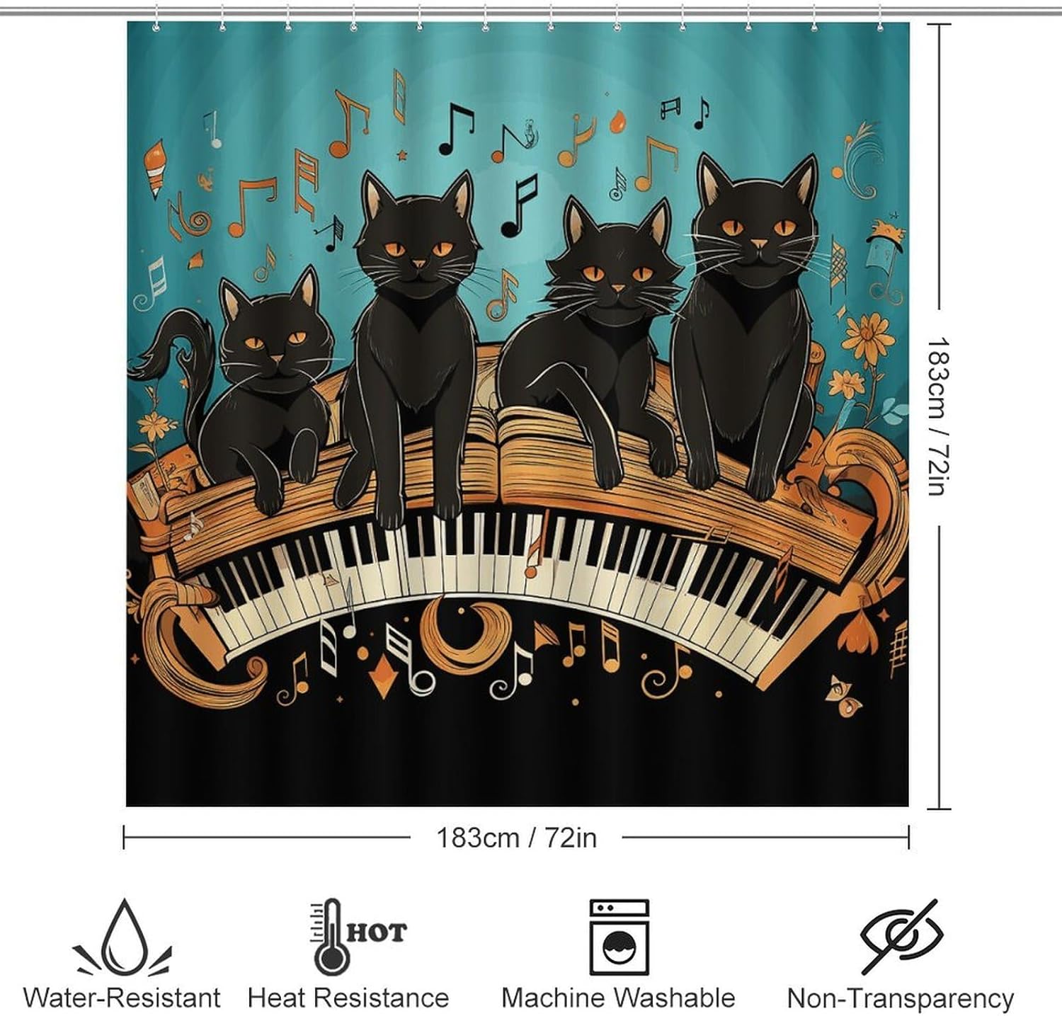 4-piece Bathroom Set with Waterproof Shower Curtain, Non-slip Absorbent Rug,Four Black Cats Lying on The Piano Keyboardprinting And Toilet Seat Cover - Bathroom Accessories And Decor for Modern Homes,