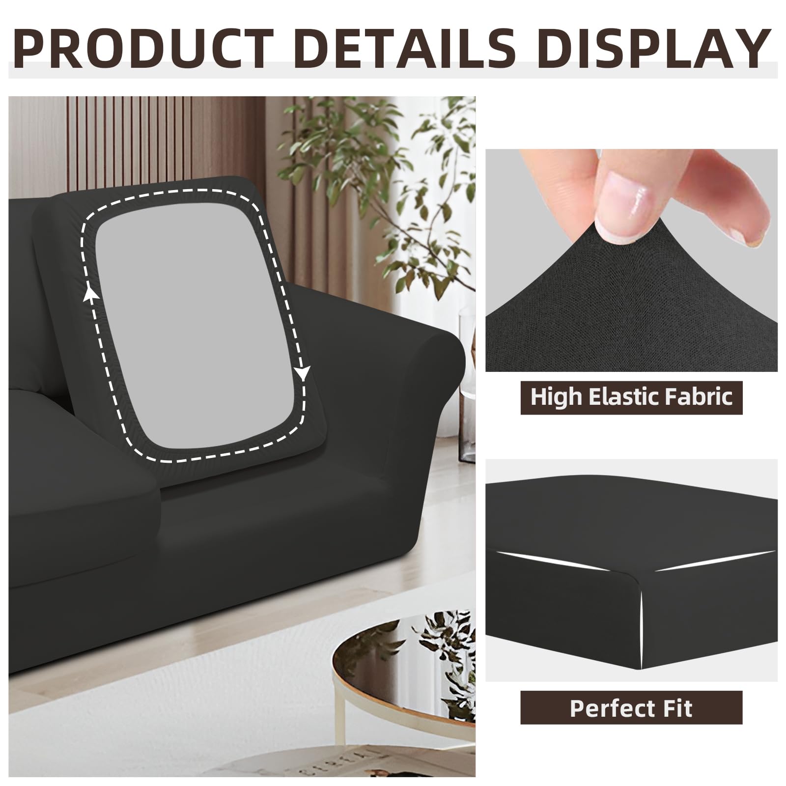 YEBABFIT Easy-Going 7 Pieces Stretch Couch Cover Washable Sofa Cover Set for 3 Backrest and Seat Cushion Couch Anti-Slip Sofa Slipcover Furniture Protector with Elastic Bottom (Large, Dark Grey)
