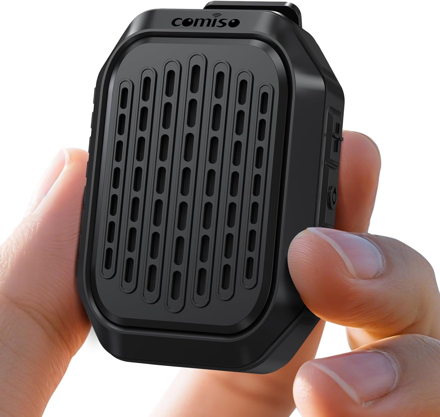 Comiso M11 Wearable Bluetooth Speaker held in a hand, showing its compact size and front grille.