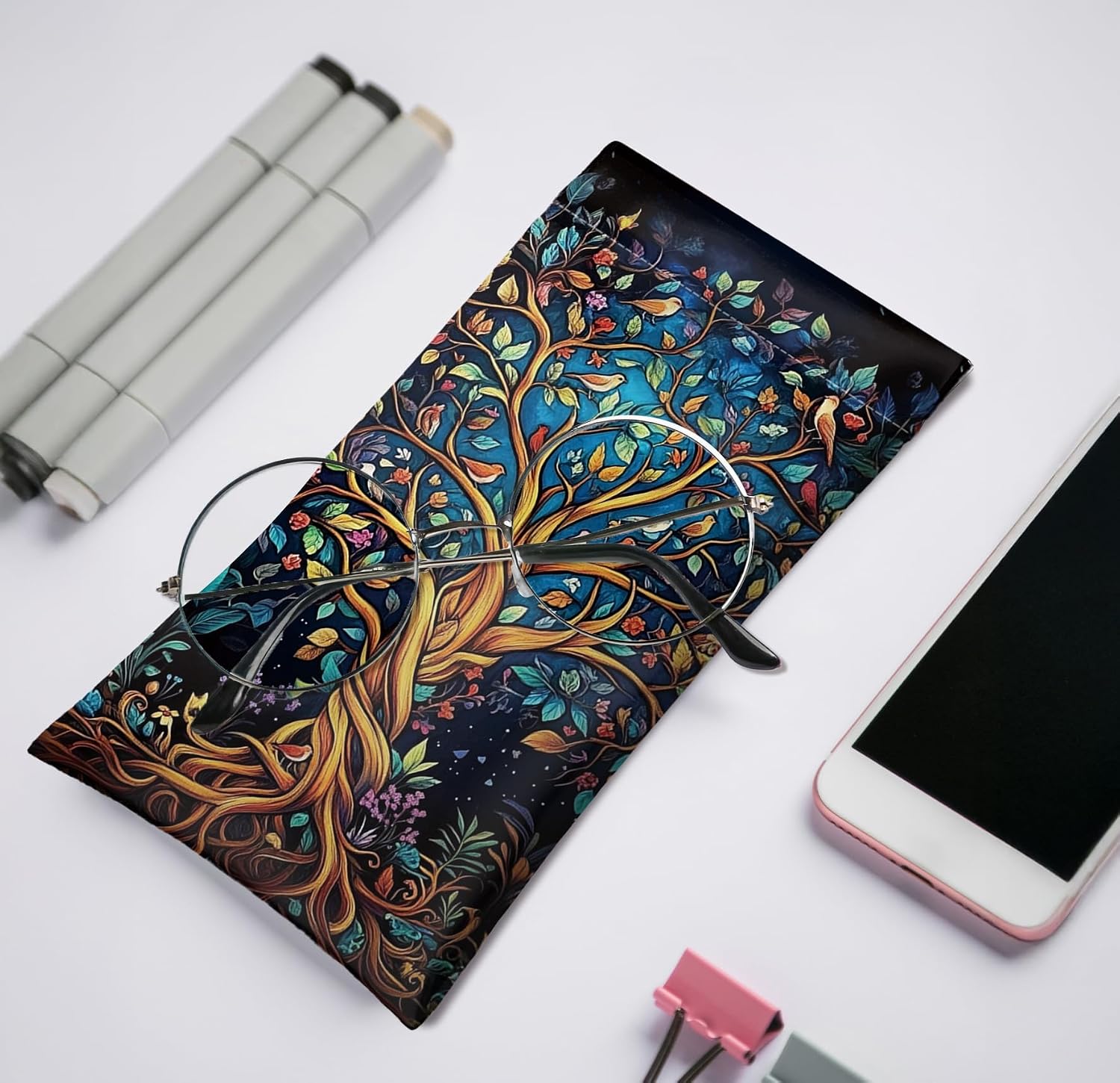 Eyeglasses Sunglasses Case PU Soft Squeeze Top Glasses Pouch for Women Floral Pattern Portable Anti Scratch