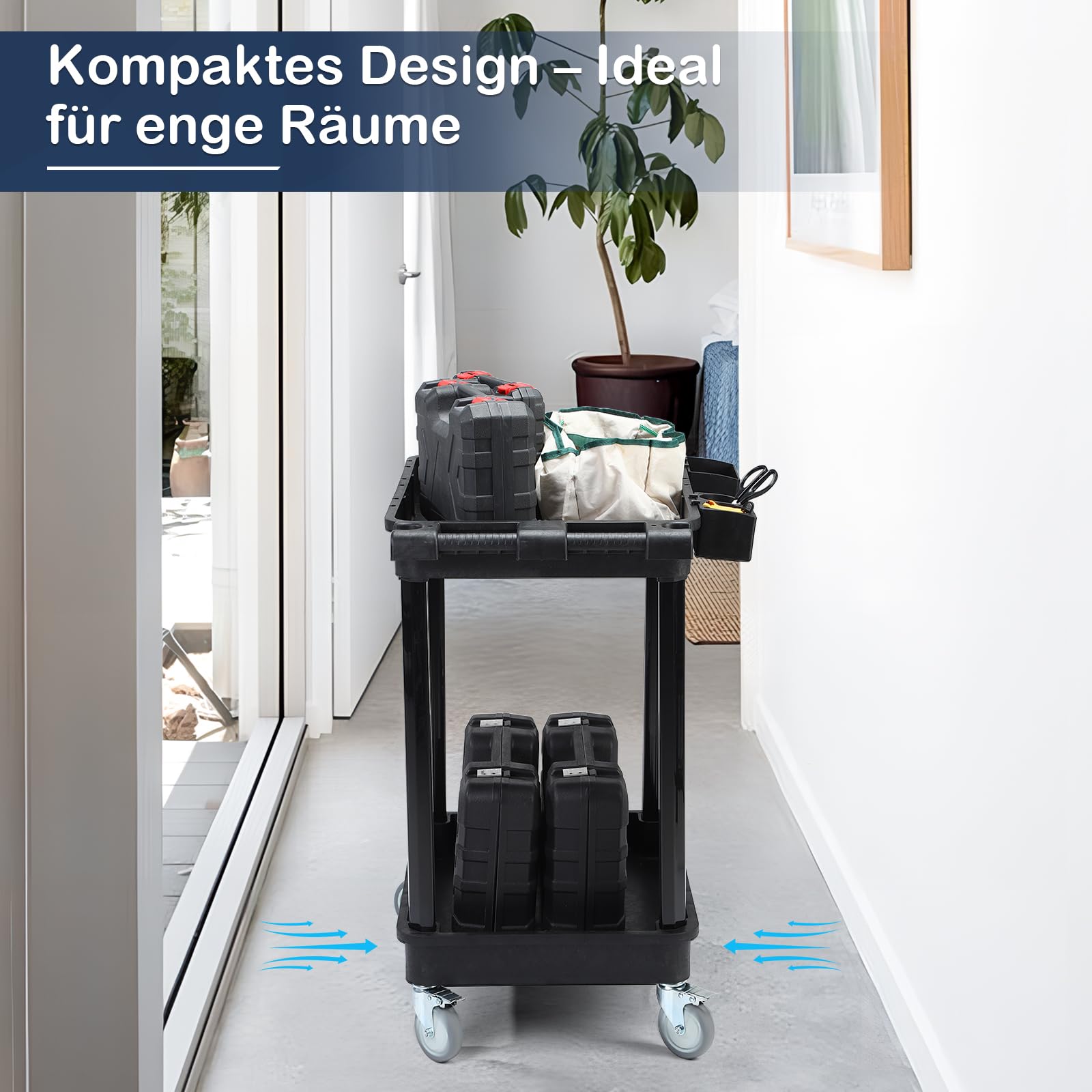 Schwerlast-Utility-Wagen mit 2 Ablagen, 71 x 48 cm, 100 kg Tragkraft, robuster Kunststoff, mit feststellbaren Schwenkrollen – vielseitiger Servicewagen für Zuhause, Büro & Industrie