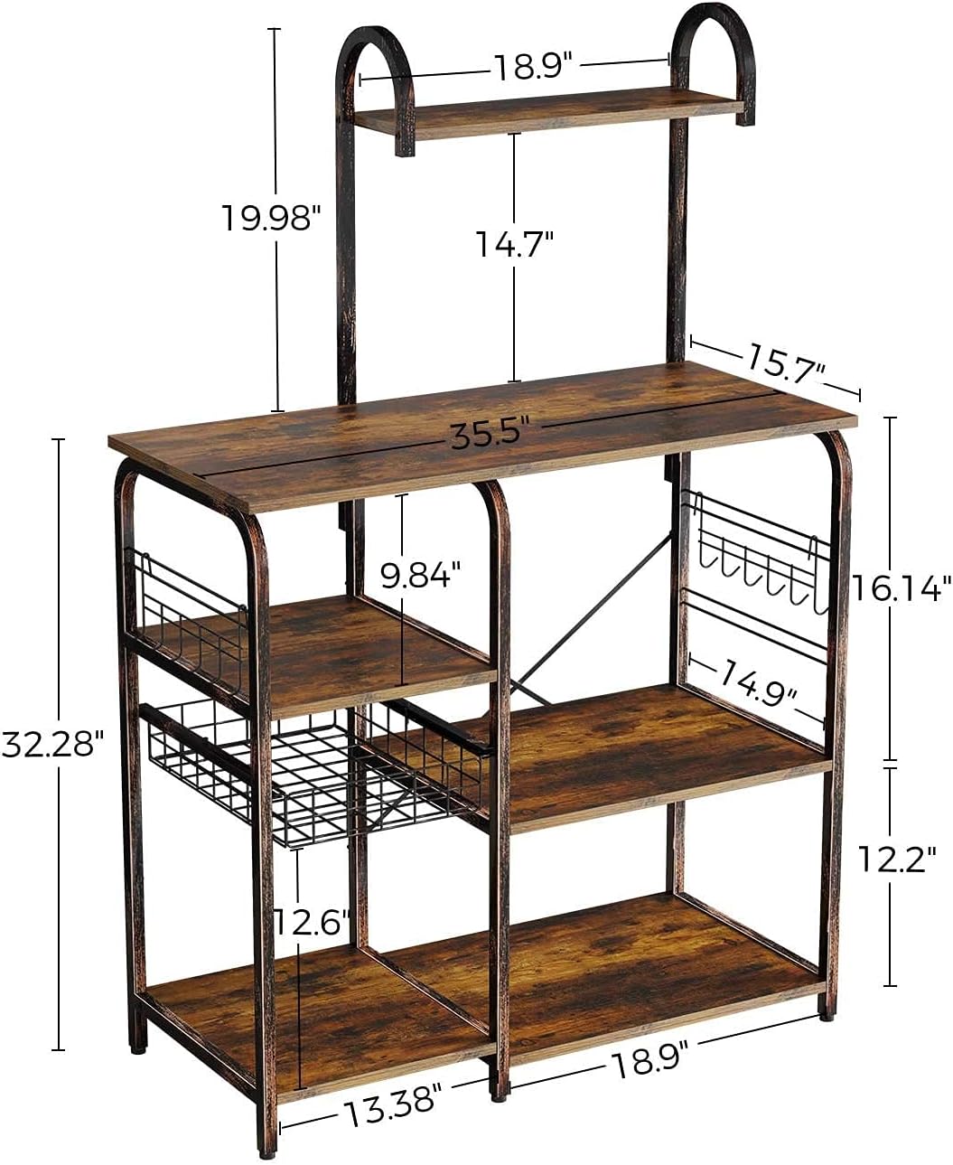 Rolanstar Kitchen Baker's Rack, Large Capacity Utility Storage Shelf, Microwave Stand with 7 Shelves and 12 Hooks, Foldable Pull Basket with Rustic Wall Mounted Storage Cabinets Coat Rack 6 Hooks Han - Standing Baker's Racks