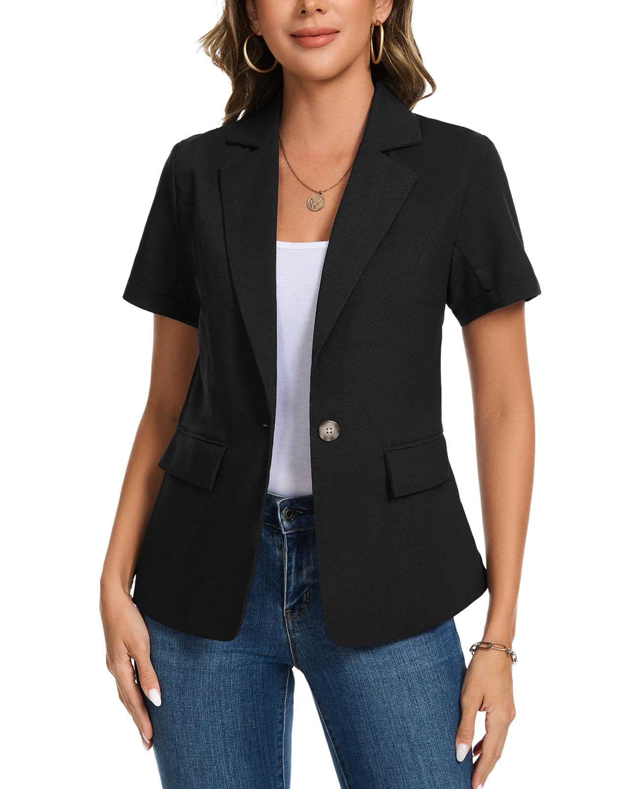 MINTLIMIT Womens Cotton Linen Blazer Jacket Short Sleeve Summer Casual Lightweight Button Lapel Blazers with Pockets