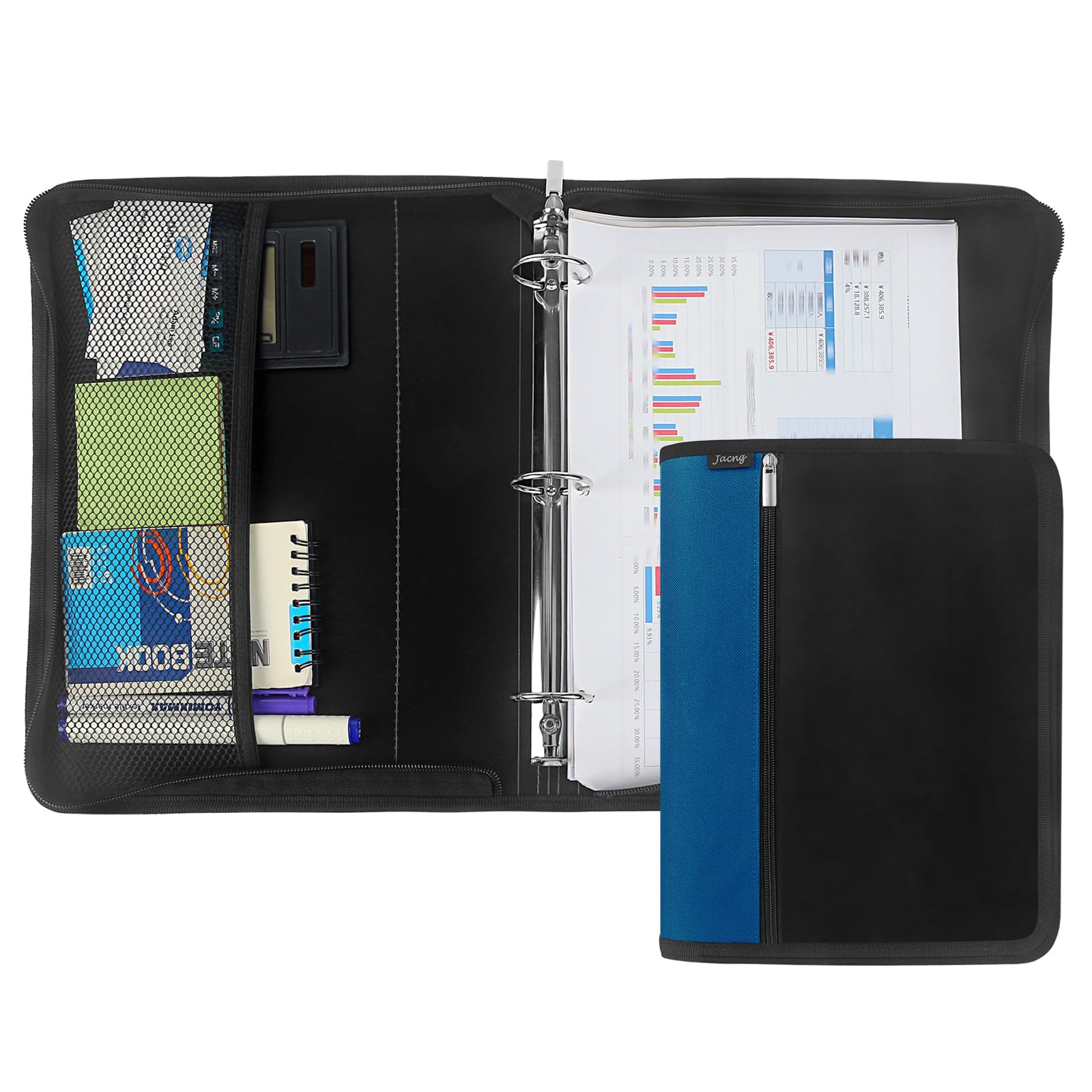 Zipper Binder 1.5 Inch Round 3-Ring Binder, Zippered Grip Pockets Storage Bag Business Office Supplies for Men Women Blue