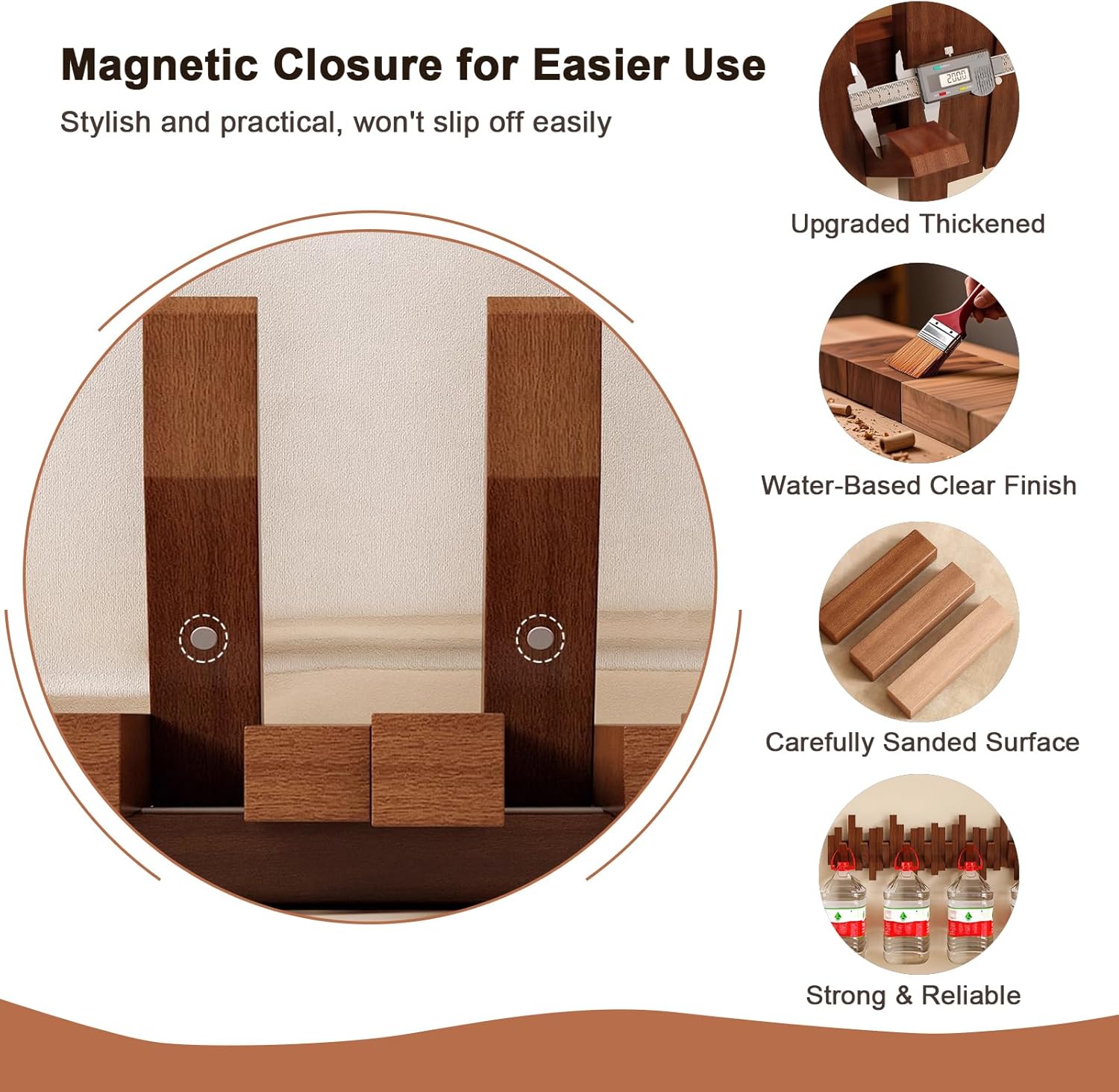 Modern Wooden Coat Rack, key holder wall mount– Handmade Solid Walnut Flip Hook Rack with Hidden Mount, Decorative Entryway Wall Hooks for Coats, Bags & Hats, Space-Saving Design (Black,8Hooks)