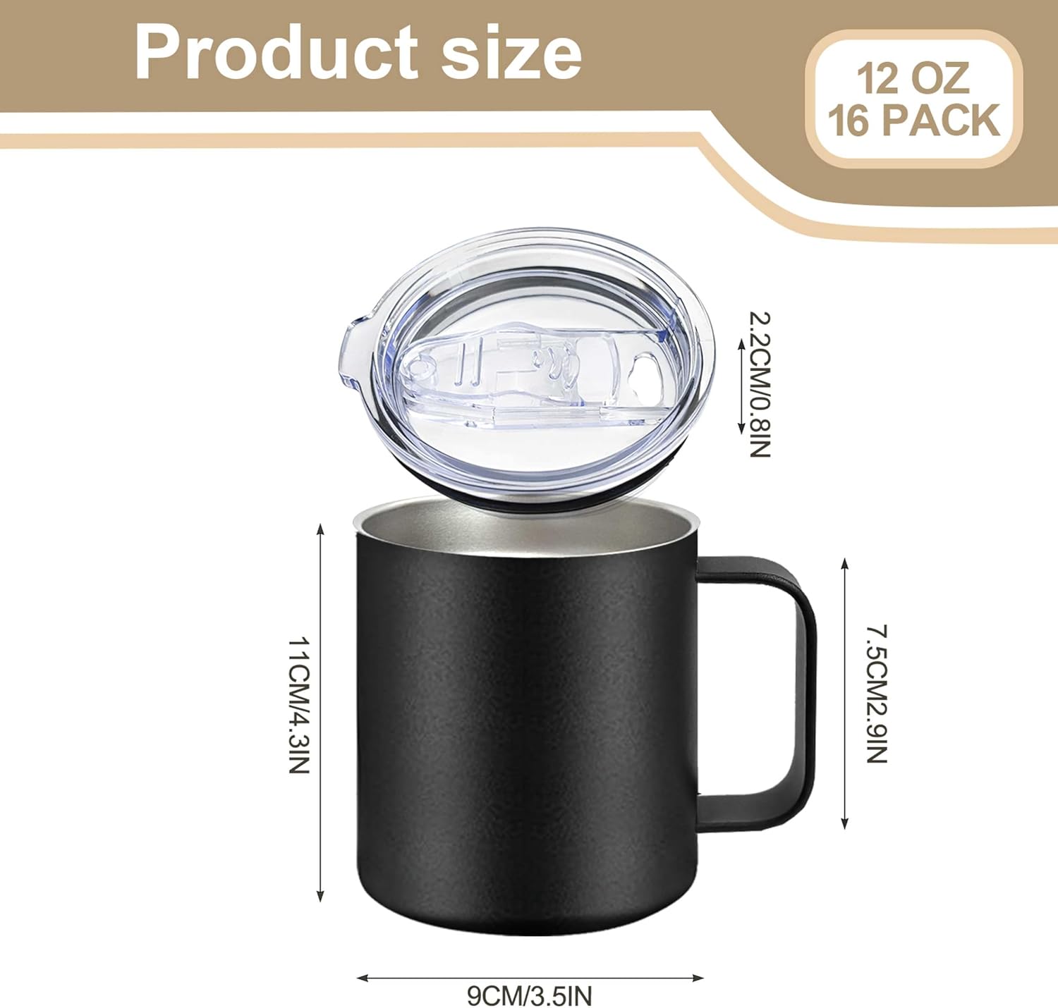 YOUKE OLA 16 Pack Stainless Steel Insulated Coffee Mug Bulk with Handle & Lids, Powder Coated 12oz Vacuum Insulated Double Wall Mug for Laser Engrave, Black - Image 2