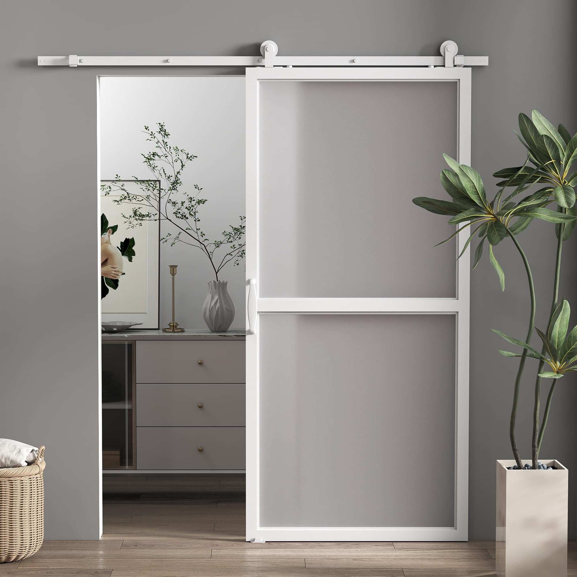 HOMCOM Hardware per porte scorrevoli 200 cm, kit di accessori per porta scorrevole con 2 guide in acciaio al carbonio e guida a pavimento, per garage, armadio/guardaroba, bianco
