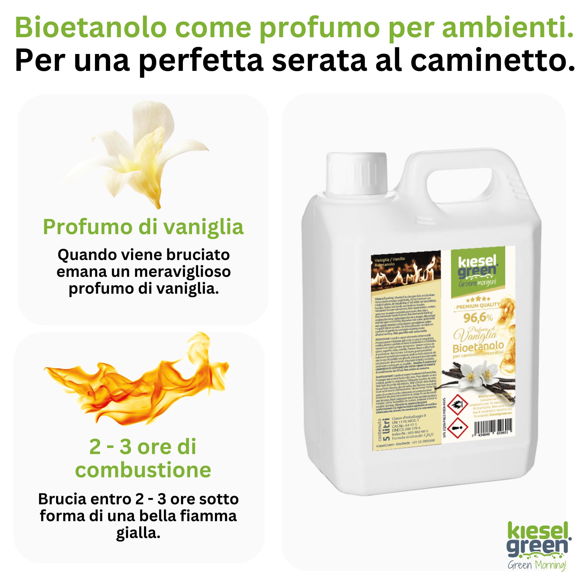 Etanolo Riscaldamento Ambienti KieselGreen Bioetanolo 10 Litri Con Profumo - Carburante Per Camini A Bioetanolo, Fragranze Multiple, 100% Biologico E Sicuro Bioetanolo Camino