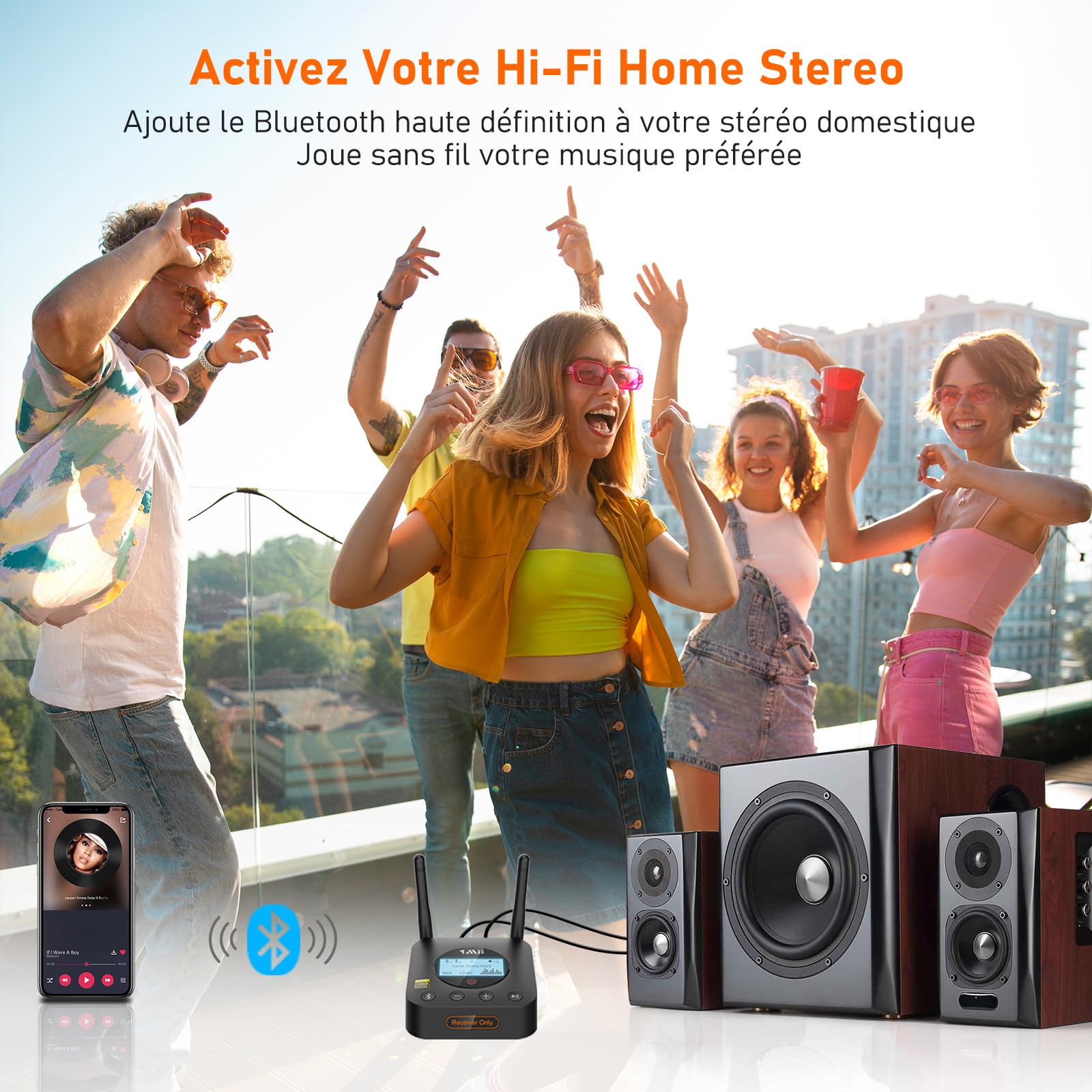 1Mii B06Pro+ Récepteur Audio Bluetooth 5.3 Hi‑FI, pour Chaîne Hi‑FI | Adaptateur sans Fil avec LDAC Hi‑Res, aptX HD Faible Latence, Sorties RCA/Jack 3,5 mm Optique Coaxial, Écran LCD