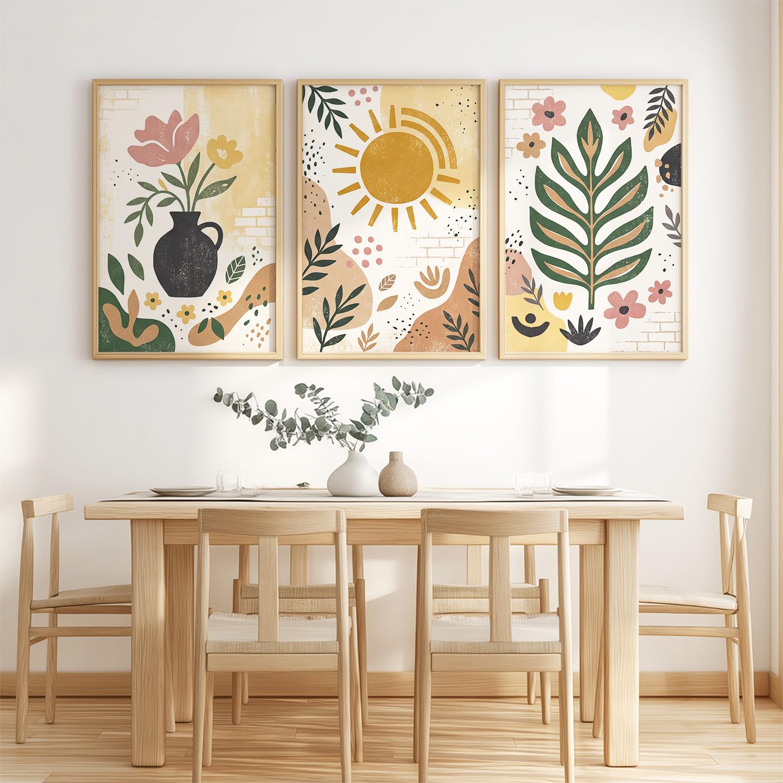 Generisch Juego de 3 pósteres abstractos bohemios, cuadros de pared botánicos floreros florales con hojas de sol, salón, dormitorio, comedor, arte de pared, sin marco, lienzo (40 x 60 cm)