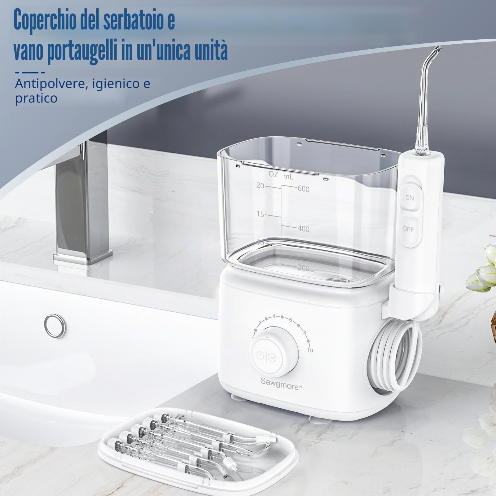 Sawgmore Idropulsore Dentale, Irrigatore Orale con 5 Ugelli Multifunzione, 10 Valori Nominali di Pressione Dell'acqua Regolabili, Capacità di 600ML per Cura Famiglia Cura Dentale (Bianco)