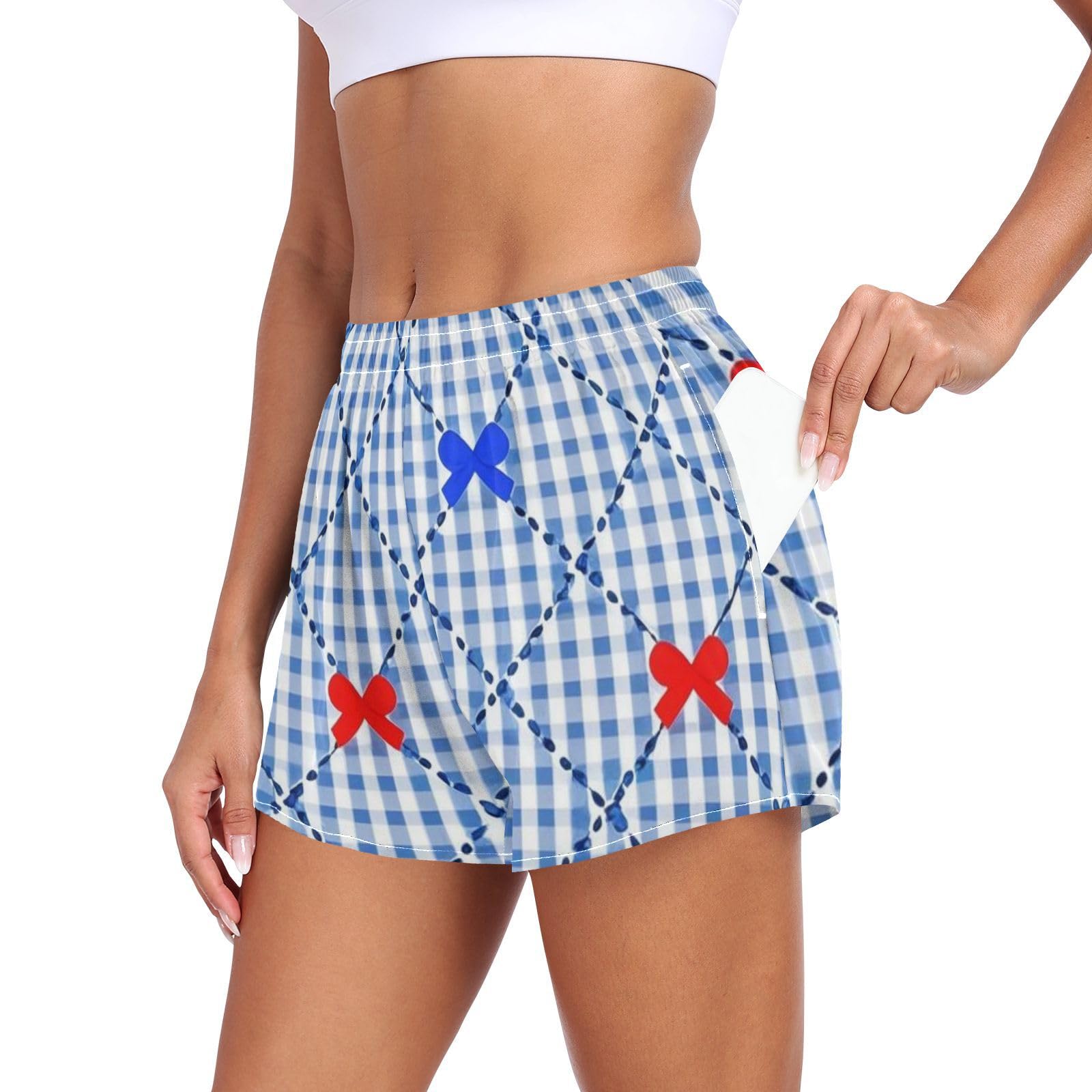 EtherSpher Red and Blue Bow Check Womens Athletic Shorts Ouick Dry Teens Beach Shorts for Gym Lounge Beach Home Outdoor ropa para correr Mujer L