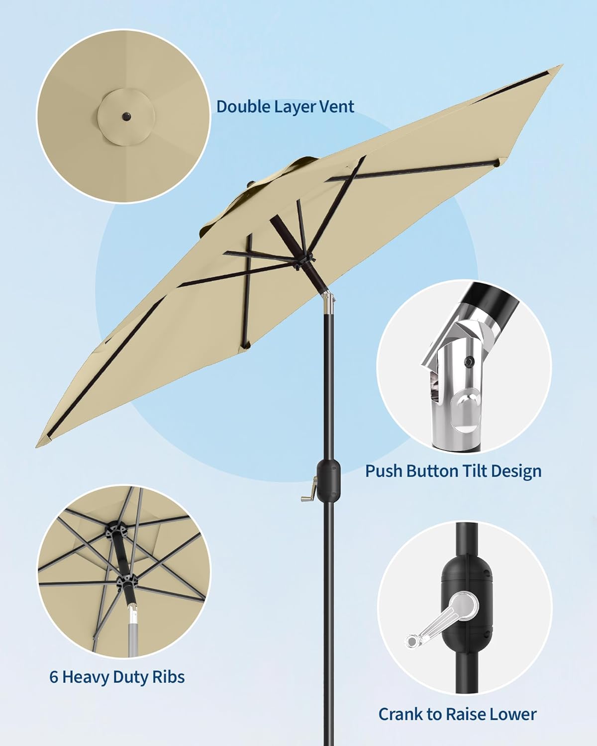 GarveeLife 7.5 ft Outdoor Patio Umbrella, Outdoor Table Umbrella, Market Umbrella with Push Button Tilt and Crank, 6 Sturdy Ribs UV Protection Waterproof for Garden, Deck, Backyard, Pool (Beige) - Image 2