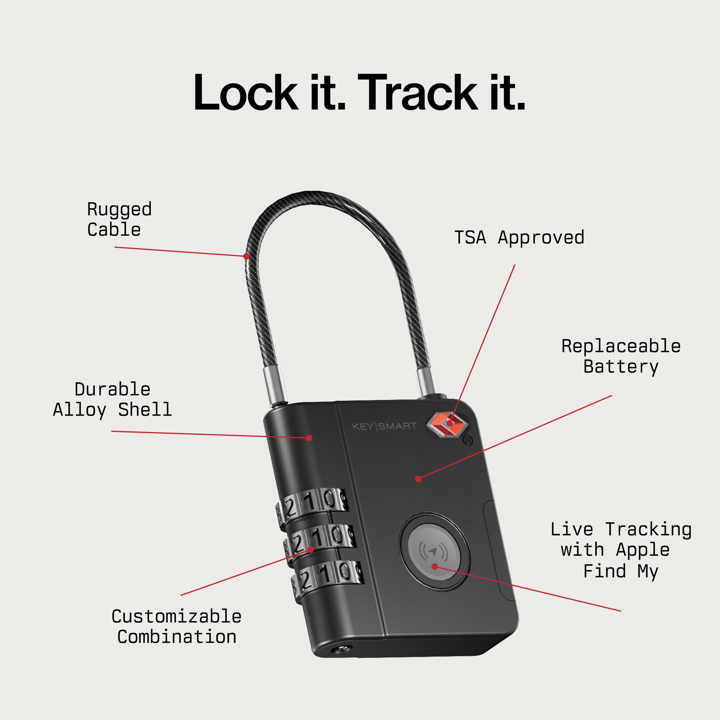 KeySmart SmartLock – Candado inteligente con rastreador, aprobado por la TSA, compatible con Apple Find My, GPS Bluetooth, batería reemplazable no recargable (Pack de 3)