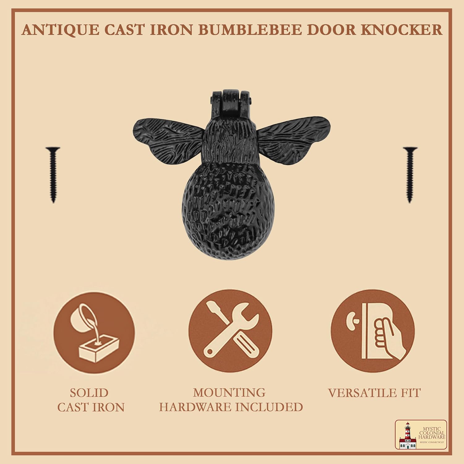 Mystic Colonial Bumblebee Door Knocker Authentic Vintage Cast Iron Front Door & Gate Knocker with Mounting Hardware Unique Heavy Duty Black Home Decor Gift Pack of 2