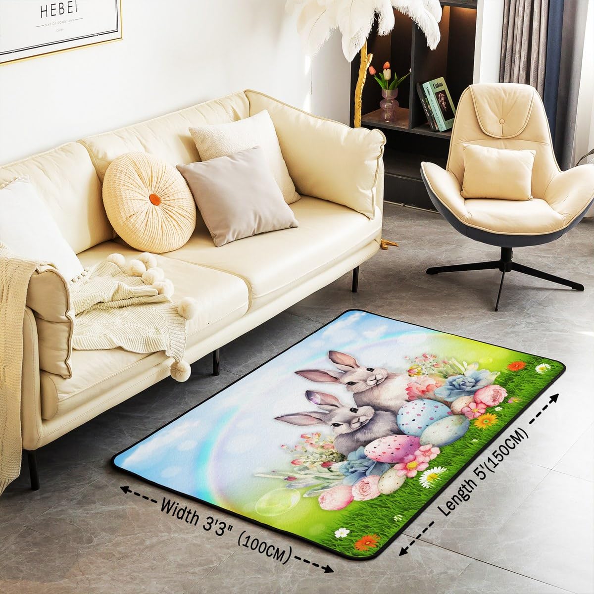 Homemissing Alfombra decorativa para niños y niñas, diseño de conejo con estampado botánico floral, huevos de Pascua, 150 x 200 cm, decoración de habitación