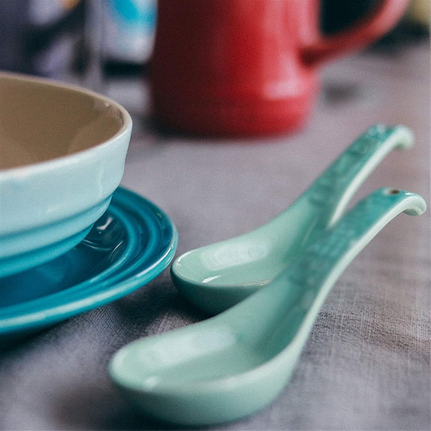 Scoop Soup Spoon Set Chinese Style Porcelain Soup Spoon 2-Piece Set Household Spoon Tableware Soup Spoon Length 5.5 Inches Soup Spoon (Color : D)