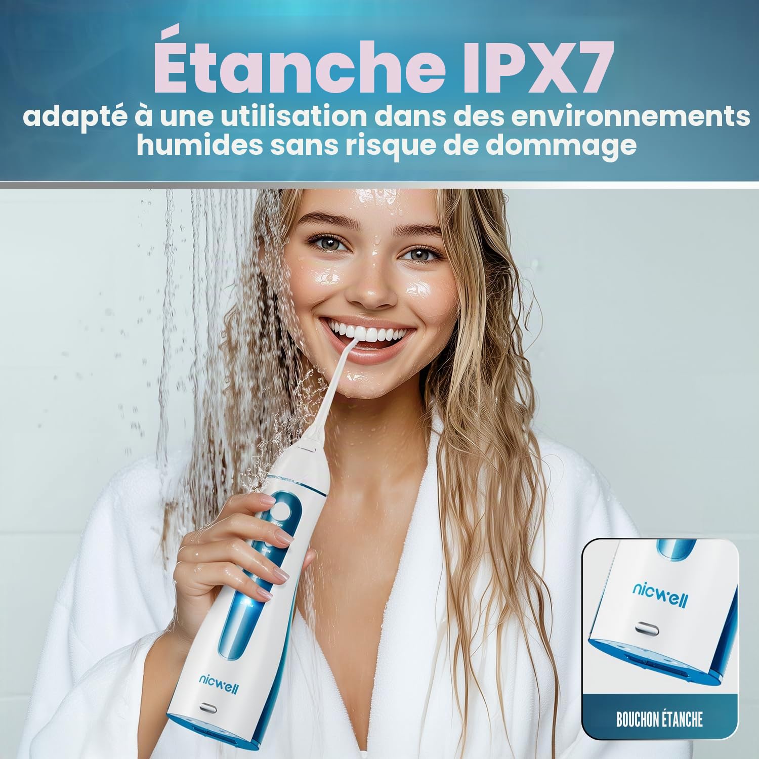Nicwell Hydropulseur dentaire pour dents : 4 modes sans fil, portable, rechargeable, irrigateur buccal IPX7, nettoyage en profondeur, nettoyage en profondeur, machine pour la maison et les voyages