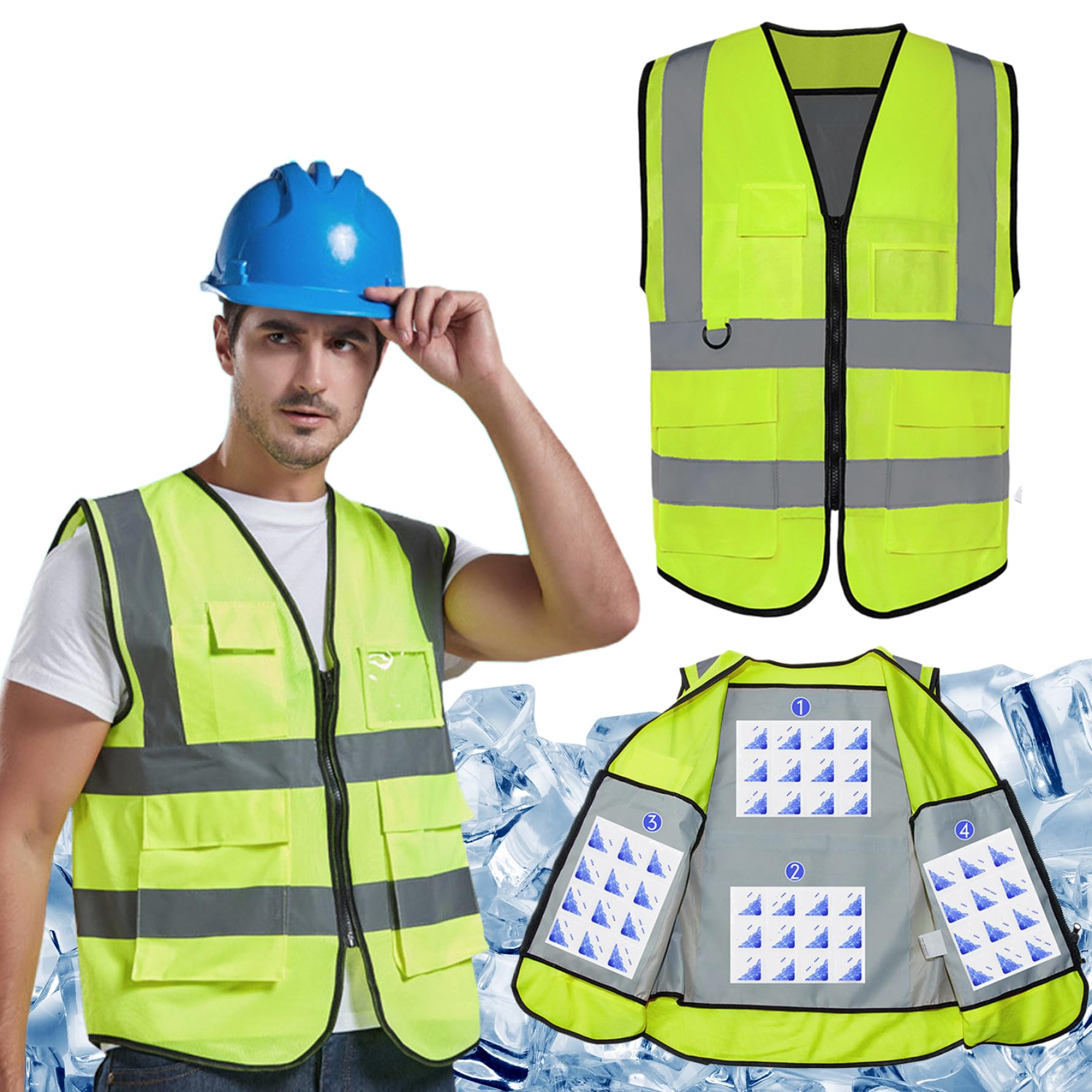 Chaleco de enfriamiento reflectante con 4 bolsas de hielo, chaleco de seguridad de alta visibilidad para hombres y mujeres, trabajo de enfriamiento de hielo con bolsillos para trabajos de constr