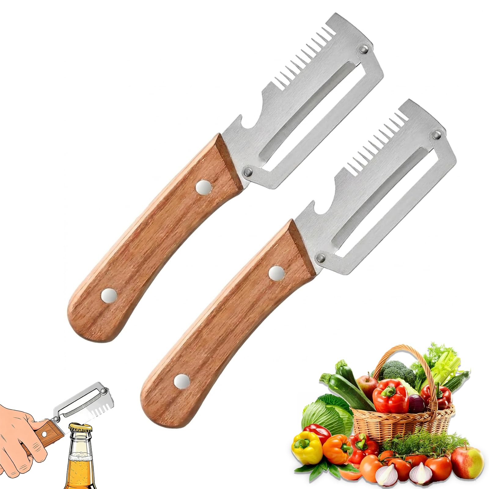Photo 1 of 2 Pack Multifunctional Vegetable Peeler, 3-in-1 Peelers For Kitchen with Bottle Opener, Sharp Stainless Steel Swivel Blade, Wooden Handle, For Vegetables or Fruits that Need to Be Peeled
