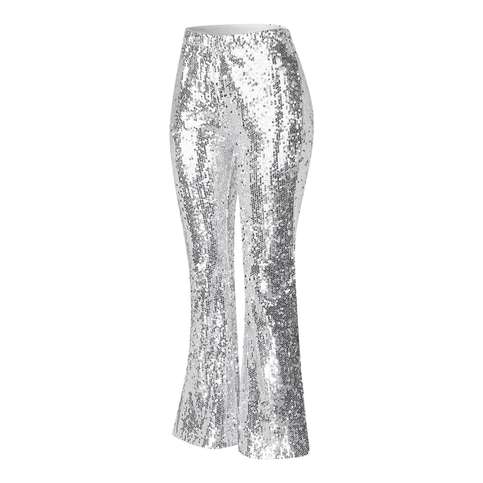 Damen Schlaghose mit Pailletten Damen Karneval Hosen Glänzend Wetlook Metallic Cargohose Leggings Silber Metallic Damen Glitzer Hose Silber Metallic Damen High Waist Schlaghose Party
