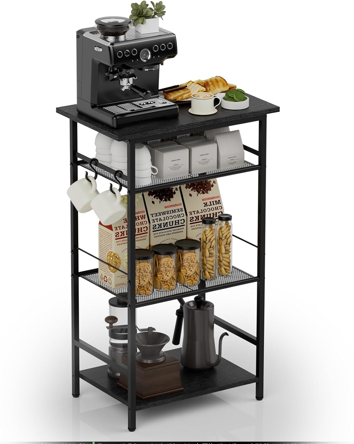 Aduanbang 3-Tier Coffee Bar Stand with Storage, Farmhouse Kitchen Microwave Cabinet, Brown (Black)