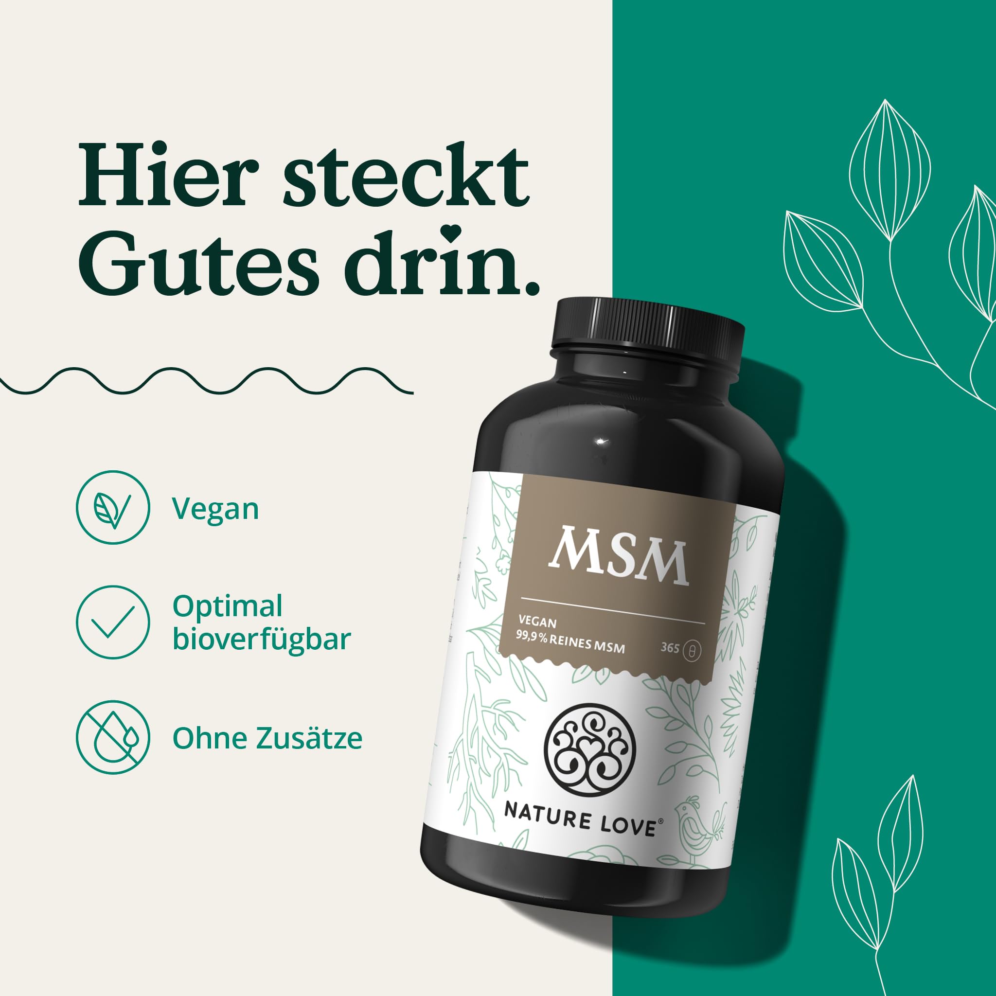NATURE LOVE® MSM Kapseln - 365 Kapseln - 99,9% Reinheit - Hochdosiert mit 1600mg MSM Pulver je Tagesdosis - Optimal Bioverfügbar - Vegan, Laborgeprüft und in Deutschland hergestellt