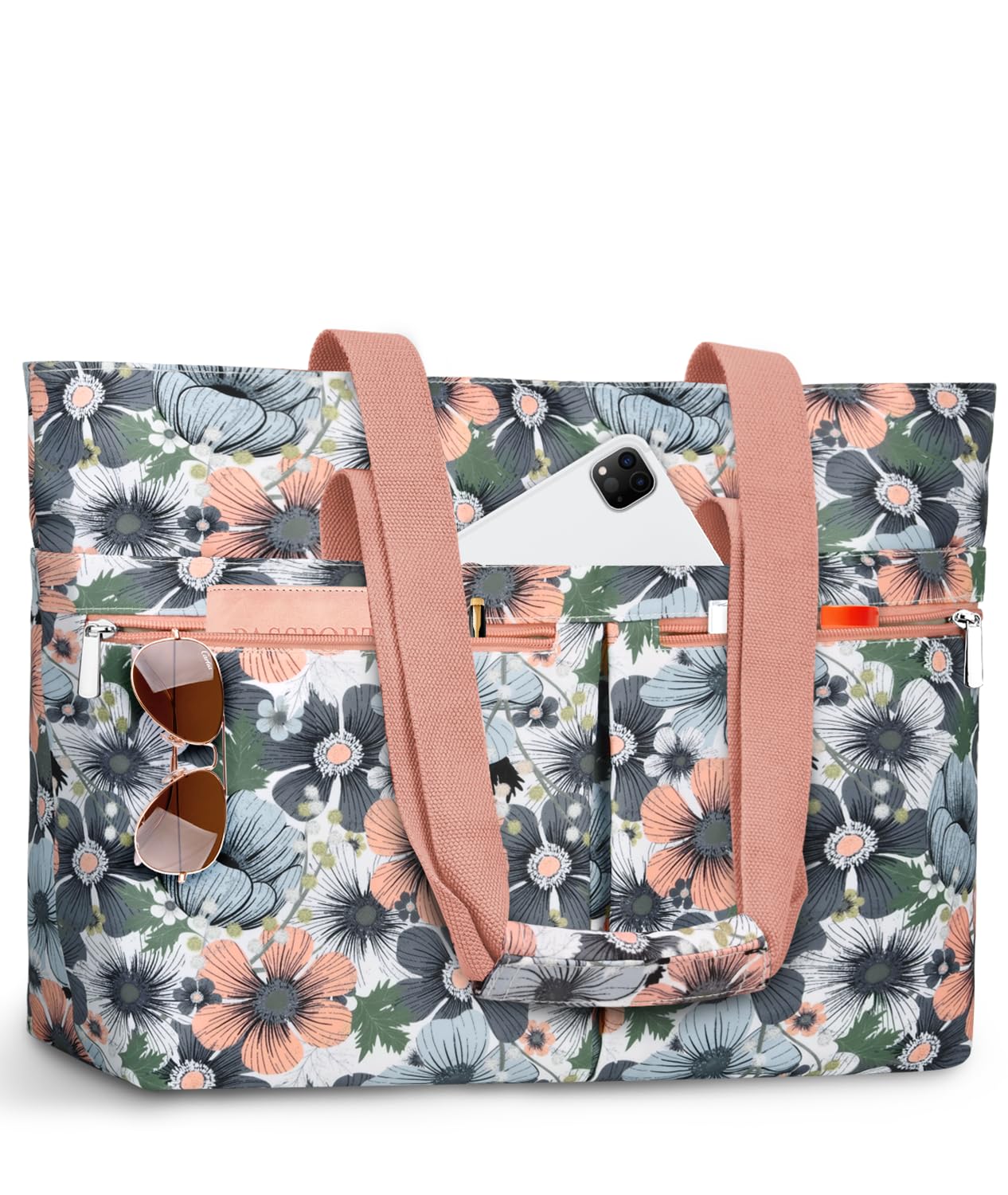 ENONEO Borsa Mare Donna Grande XXL Famiglia Borsa Spiaggia con Cerniera & Tasche Multiple, Pieghevole Borse da Viaggio Beach Tote Bag Shopper (Fiori Grigi)