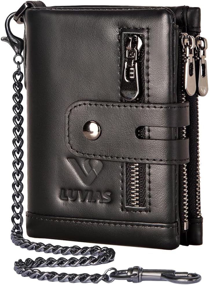 Anti-Theft Mens Wallet with Chain Genuine Leather ID Window Purse with RFID Blocking Bifold Double Zipper Coin Pocket with Gift Box