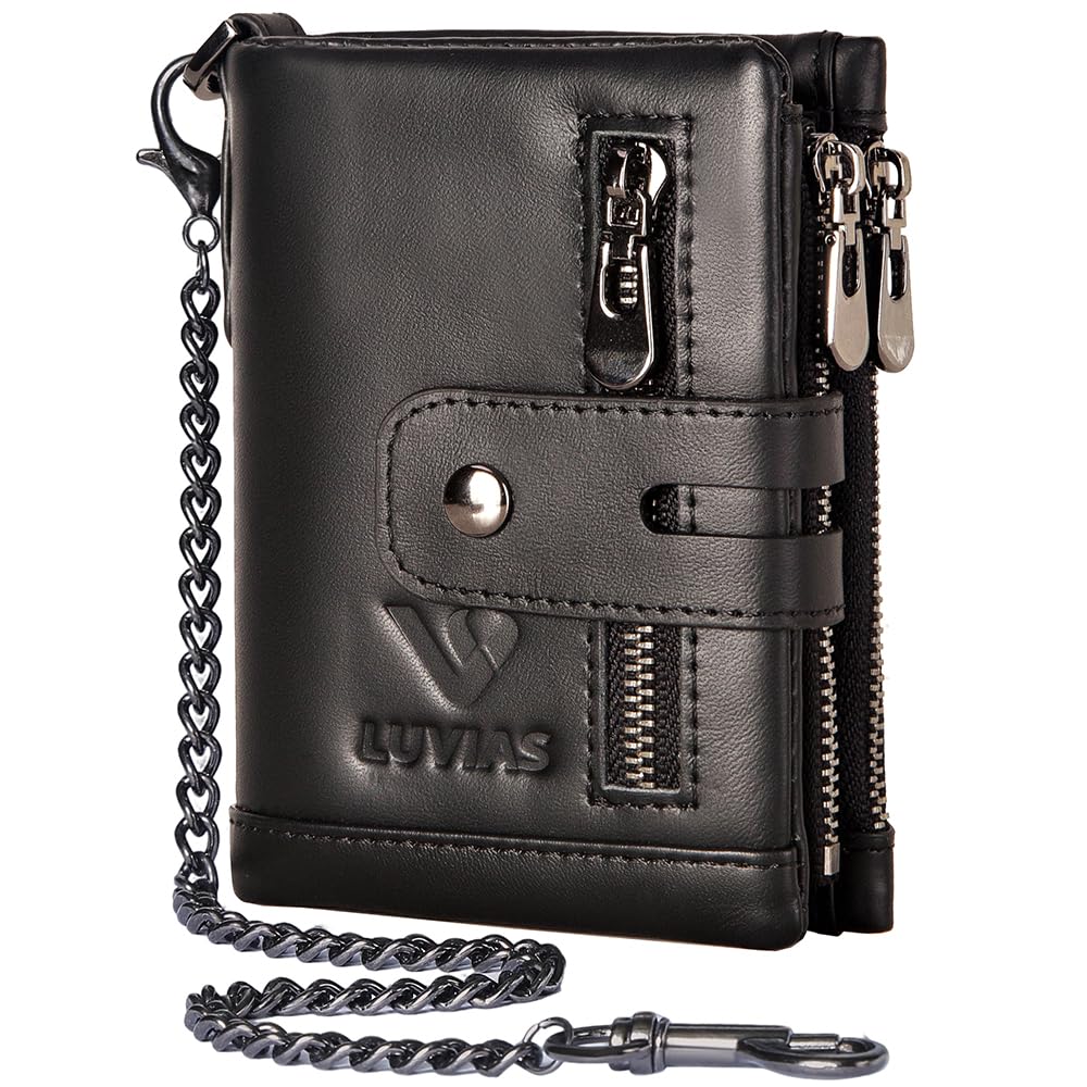 V LUVIAS Anti-Theft Mens Wallet with Chain Genuine Leather ID Window Purse with RFID Blocking Bifold Double Zipper Coin Pocket with Gift Box