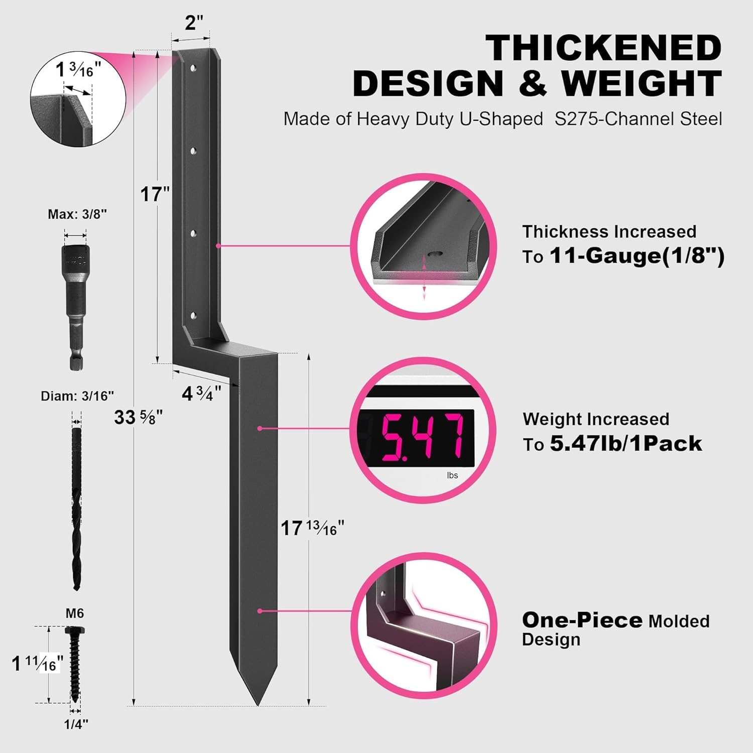 IRONBABE Fence Post Repair Kit - One-Piece Steel Anchor Stakes to Quick Fix Broken/Leaning 4x4/6x6 Wood Posts (Thickened 11-Gauge, 2-Pack)
