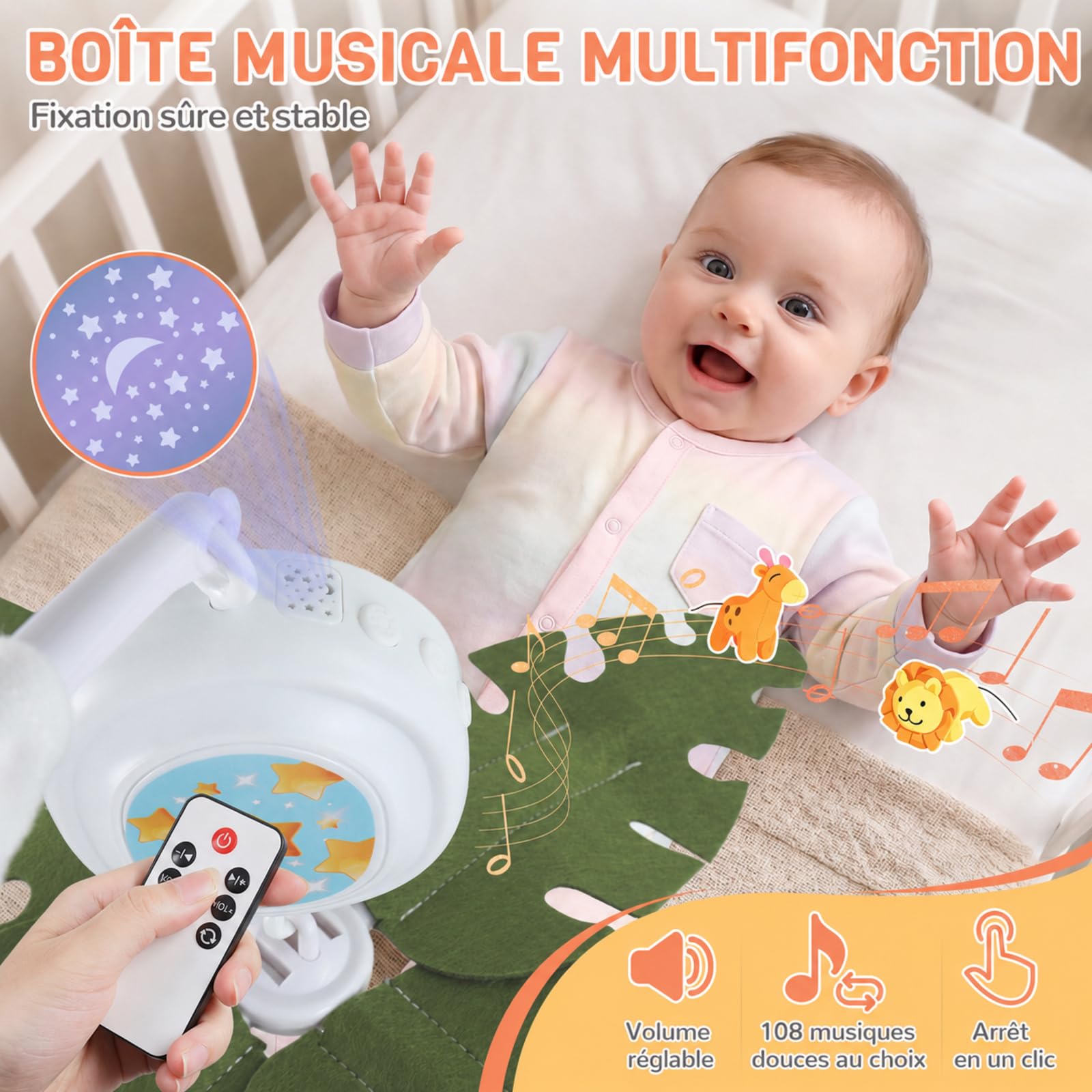 Orzbow Mobile bébé avec musique et lumière, blanc | Lit bébé mobile avec minuterie projecteur et télécommande, installation facile, mobile bébé pour lit pour garçons et filles