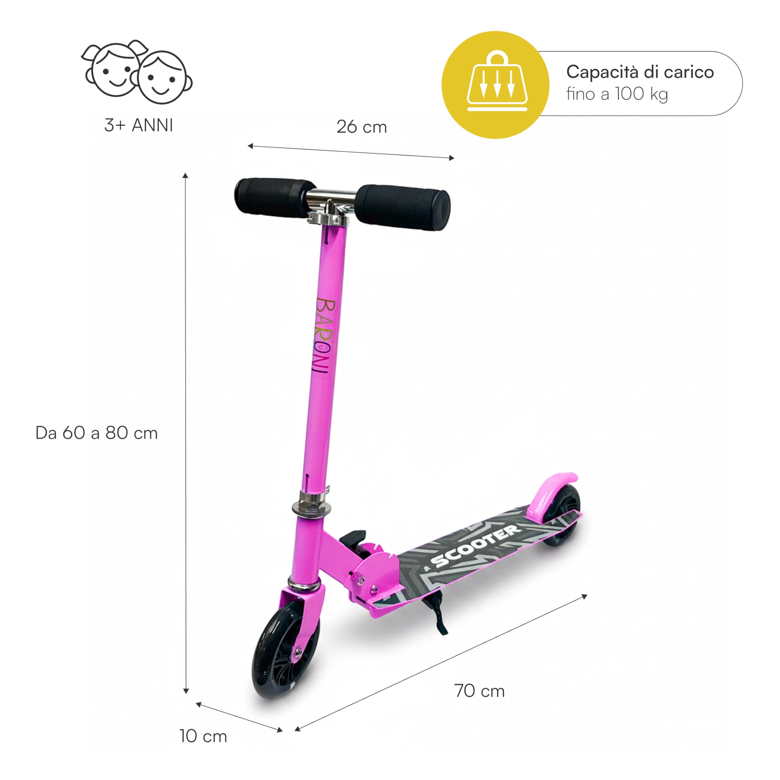 Baroni Toys Monopattino per Bambini dai 3 Anni con Ruote LED, Monopattino in Ferro, LED Senza Batterie, Manubrio Regolabile 60-80 cm, Richiudibile e Salvaspazio, Freno Posteriore, 28x70x80cm