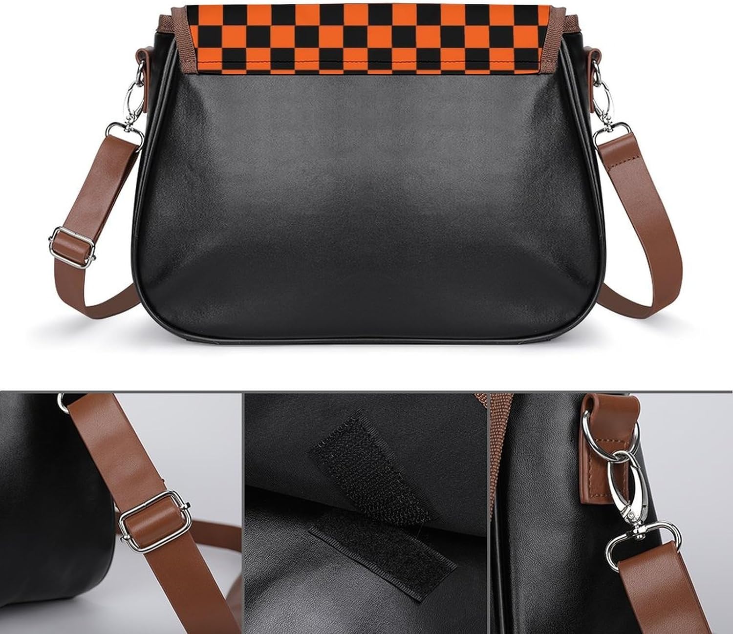 Black And Orange Checkerboard PatternWomen's Faux Leather Crossbody Bag, Waterproof Wrinkle-Resistant Shoulder Bag with Detachable Strap, Large Capacity Casual Handbag, Fashion Daily Purse for Shoppin