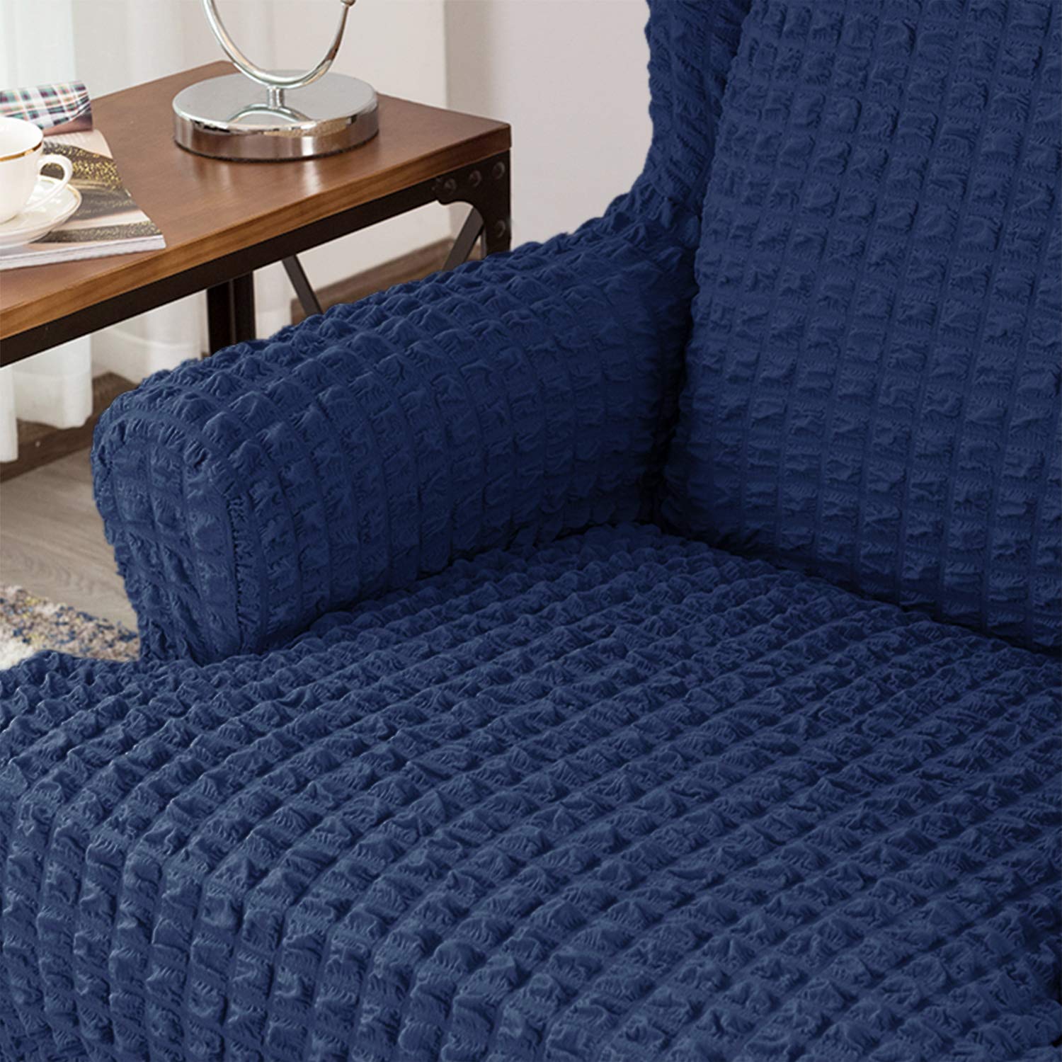 XMNTG Stretch Seersucker Wingback Chair Cover with Ottoman Slipcover Armchair Cover Rectangular Footstool Cover with Skirt Country Style Washable Chair Protector for Living Room Kid Pet (Navy 2pc)