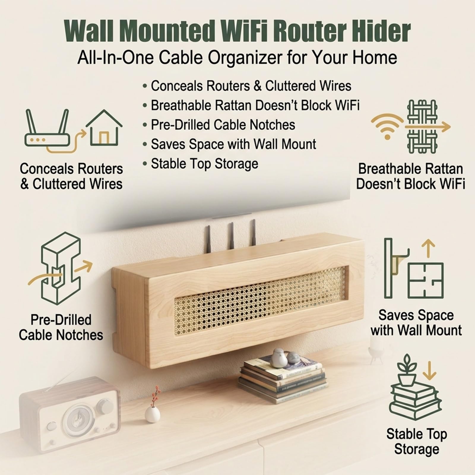 Versteckte WiFi-Router-Box, Wandmontierter Router-Aufbewahrungsschrank Und Kabel-Organizer, Modem, Steckdosenleiste & Kabelverstecker Für Zuhause, Büro, Wohnzimmer, Platzsparend