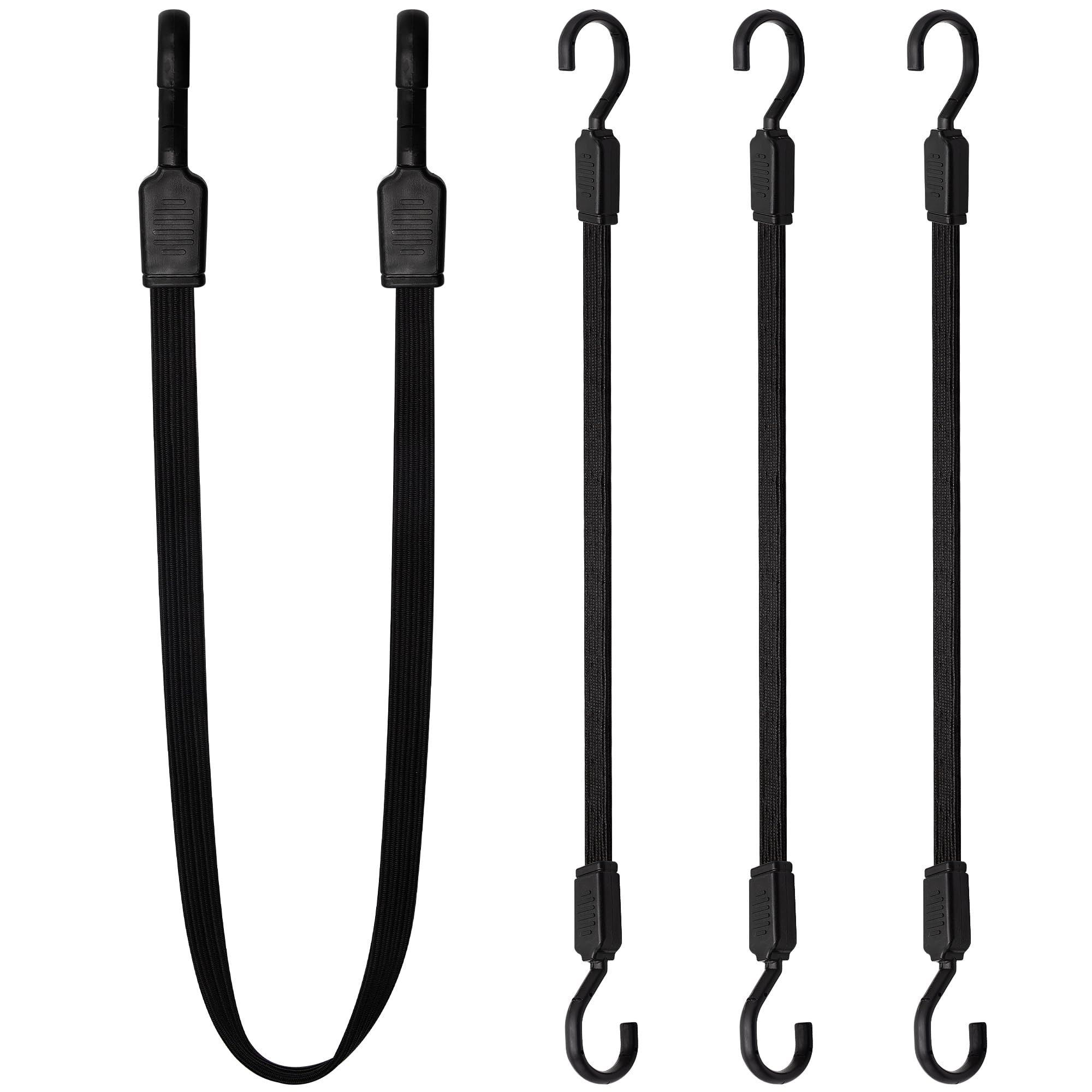 Bungee Cords with Hooks Heavy Duty, 4 Pack Long Flat Bungee Cords 30 Inch, Rubber Black Bungee Straps with Metal Buckle Hooks for Outdoor, Camping, Tarps, Bike Rack, Tent, Car, Truck