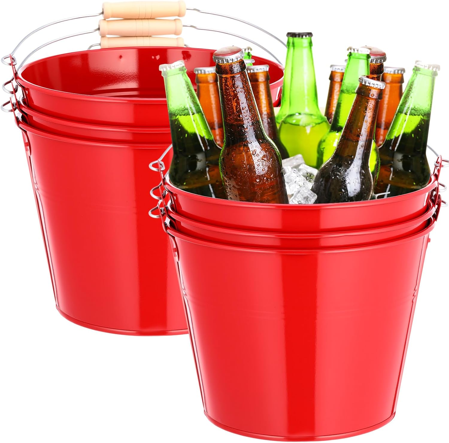 Zopeal 6 Pcs Large Metal Bucket Beer Bucket Galvanized Steel Pail with Handle for Gifts Basket Ice Candy Party(9 x 7 x 7 Inch,Red) 9 x 7 x 7 Inch Red