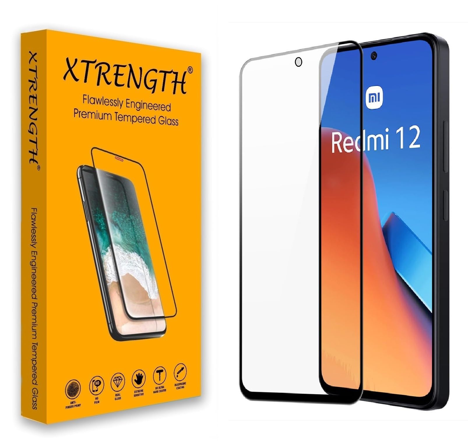XTRENGTH Advanced HD+ Tempered Glass Screen Protector Designed for Redmi 12 5G - Edge to Edge Full Screen Coverage with Easy Installation Kit (Anti-Scratch)