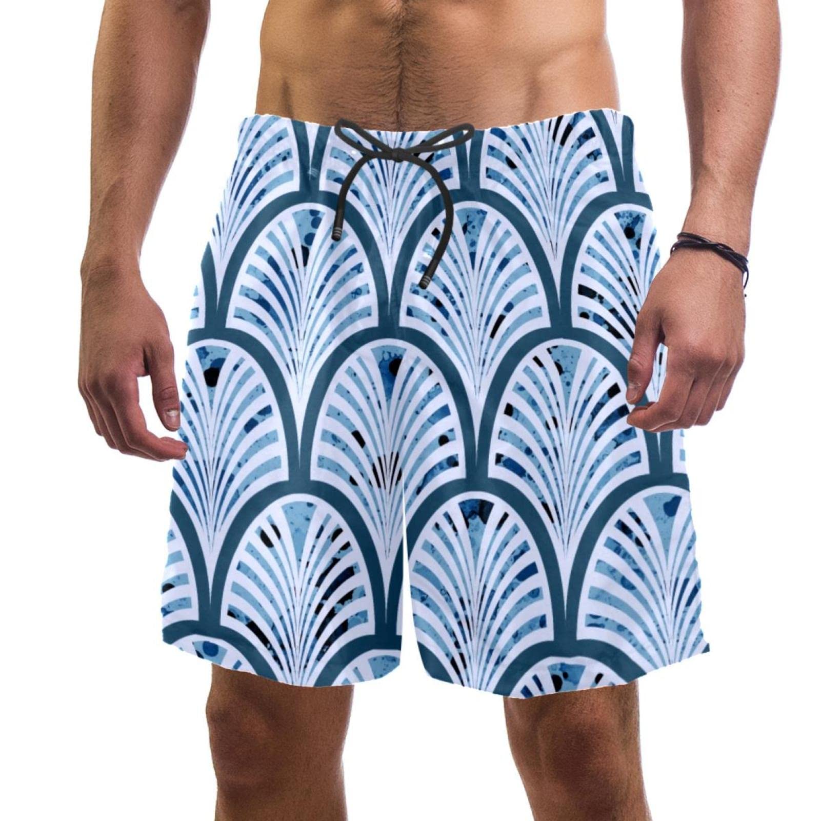 SOLJEOP Blue Fish Scales Swim Trunks Elastic Swimsuit Board Shorts Beach Shorts with Pockets for Men