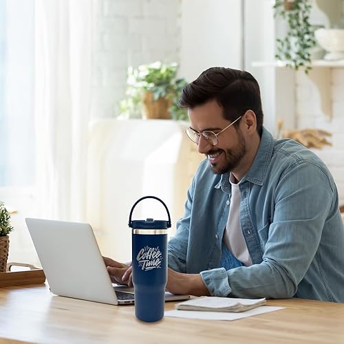 Miniatura 6 de Vaso de 30 onzas con asa superior, vaso aislado al vacío de doble pared con popote abatible, taza de café de viaje de 30 onzas con recubrimiento en