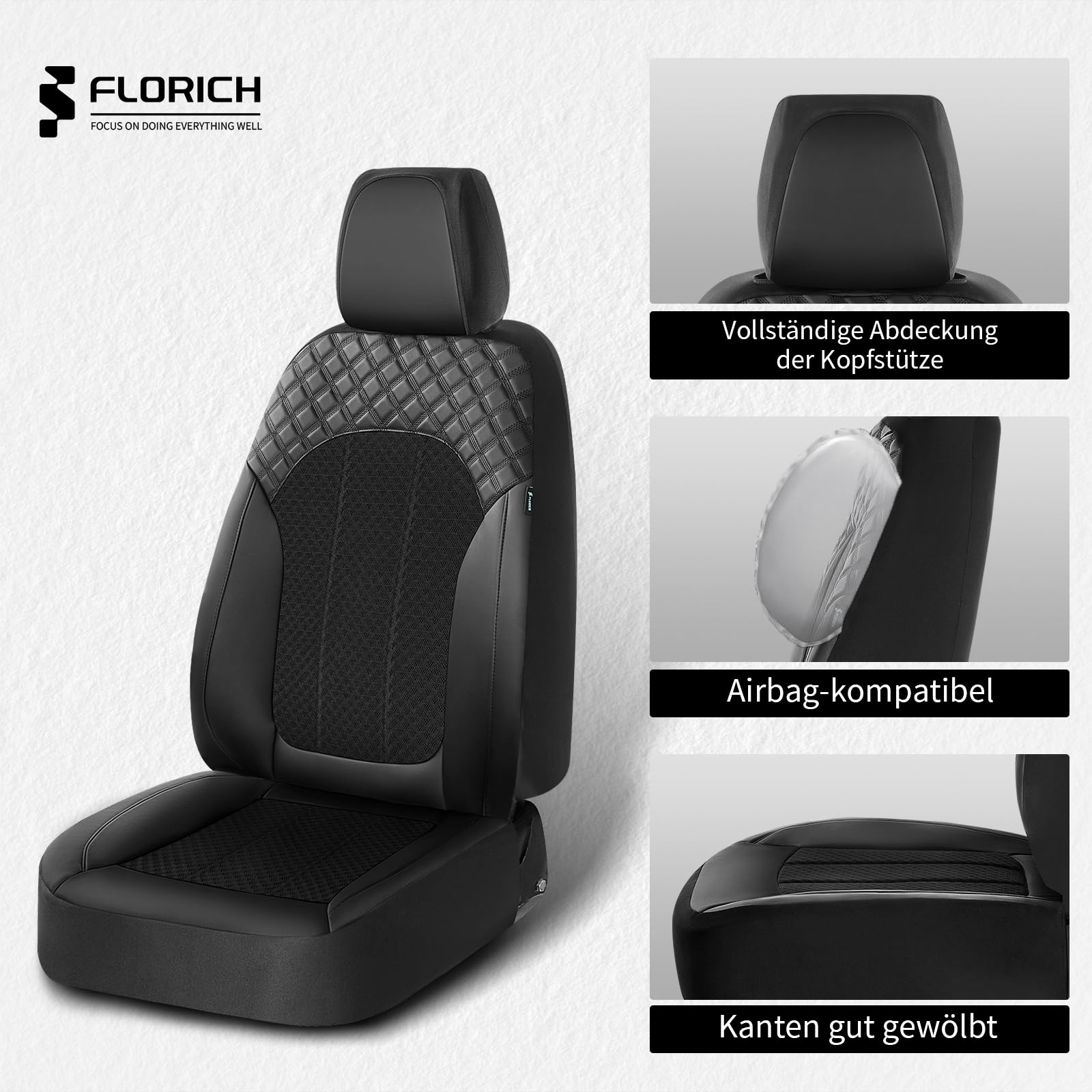 FLORICH Autositzbezüge Komplettset Vordersitzbezüge, PU Leder Air-Mesh Sitzbezüge Atmungsaktiver Sitzschutz Innenbezüge Universell Passend für die Meisten PKWs, SUVs (Komplettset, Schwarz)