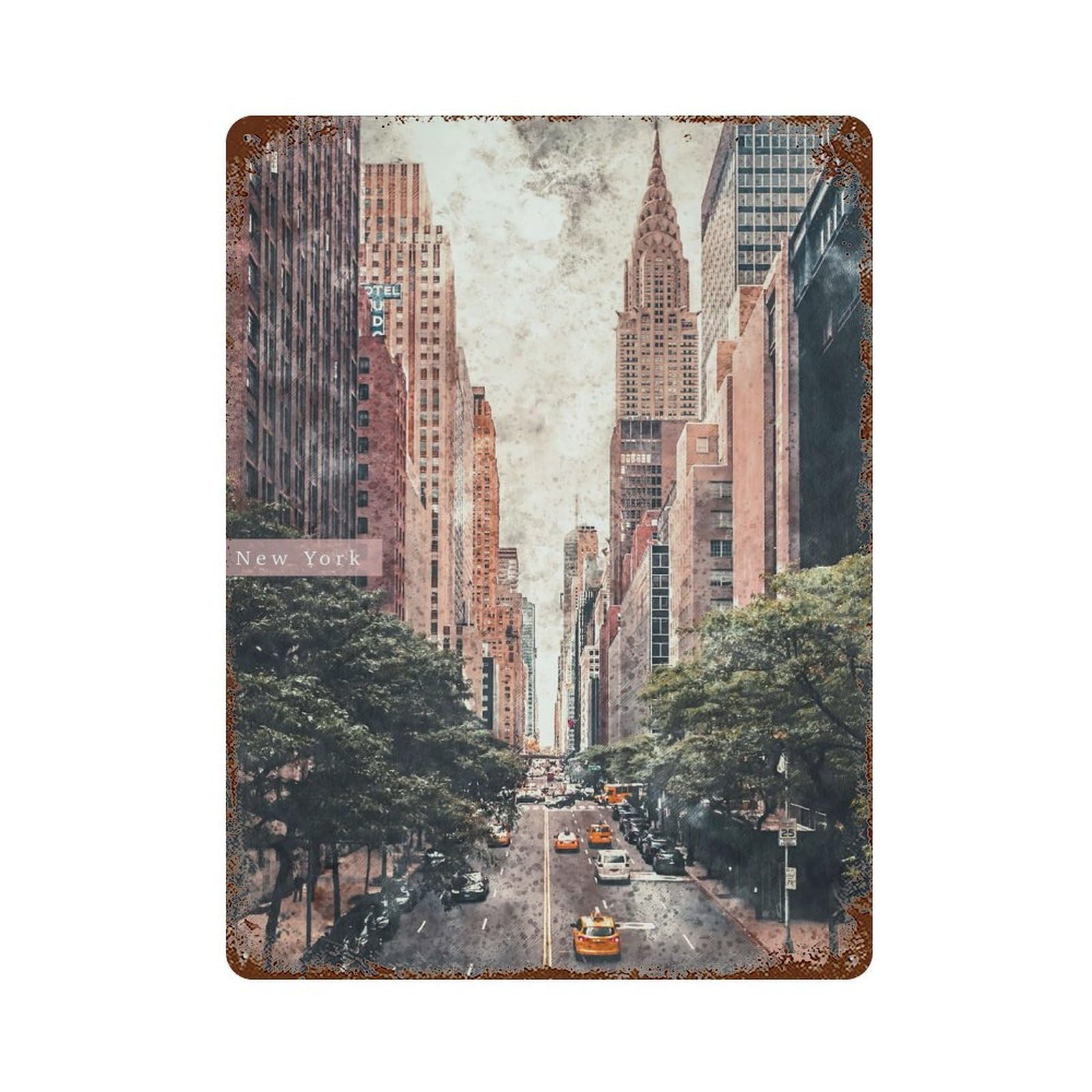 Watercolor New York Street Rust Effect Tin Sign 15.7"x11.8", for Bistro, Counter And Cafe Decor, Shabby Chic Decor