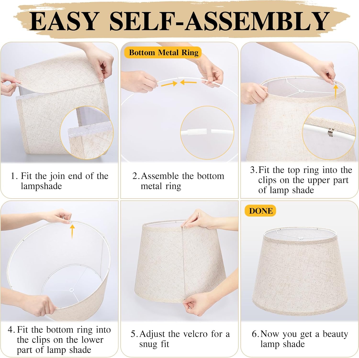 Large Drum Lamp Shades Set of 2, 12"Top x 16"Bottom x 11"High, Beige Lampshades for Table Lamps Floor Lamps, Natural Linen Replacement Lamp Shades, Spider, Harp Holders Included, Easy Assembly