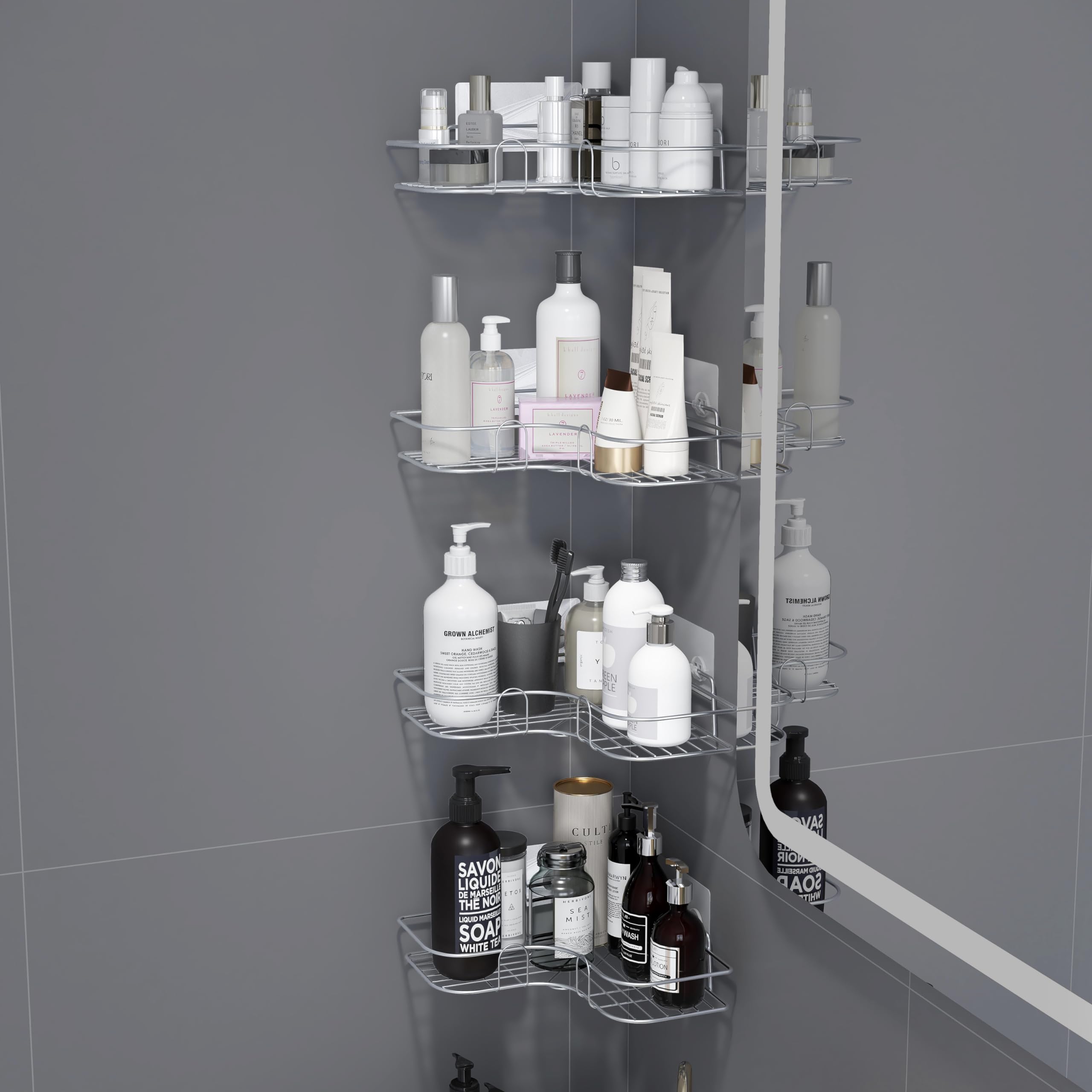 PlantexStainless Steel Self-Adhesive Shelves for Corner Walls of for Bathroom Organizer - Bathrom Corner Shelf with Magic Sticker - Pack of 4 (Chrome)