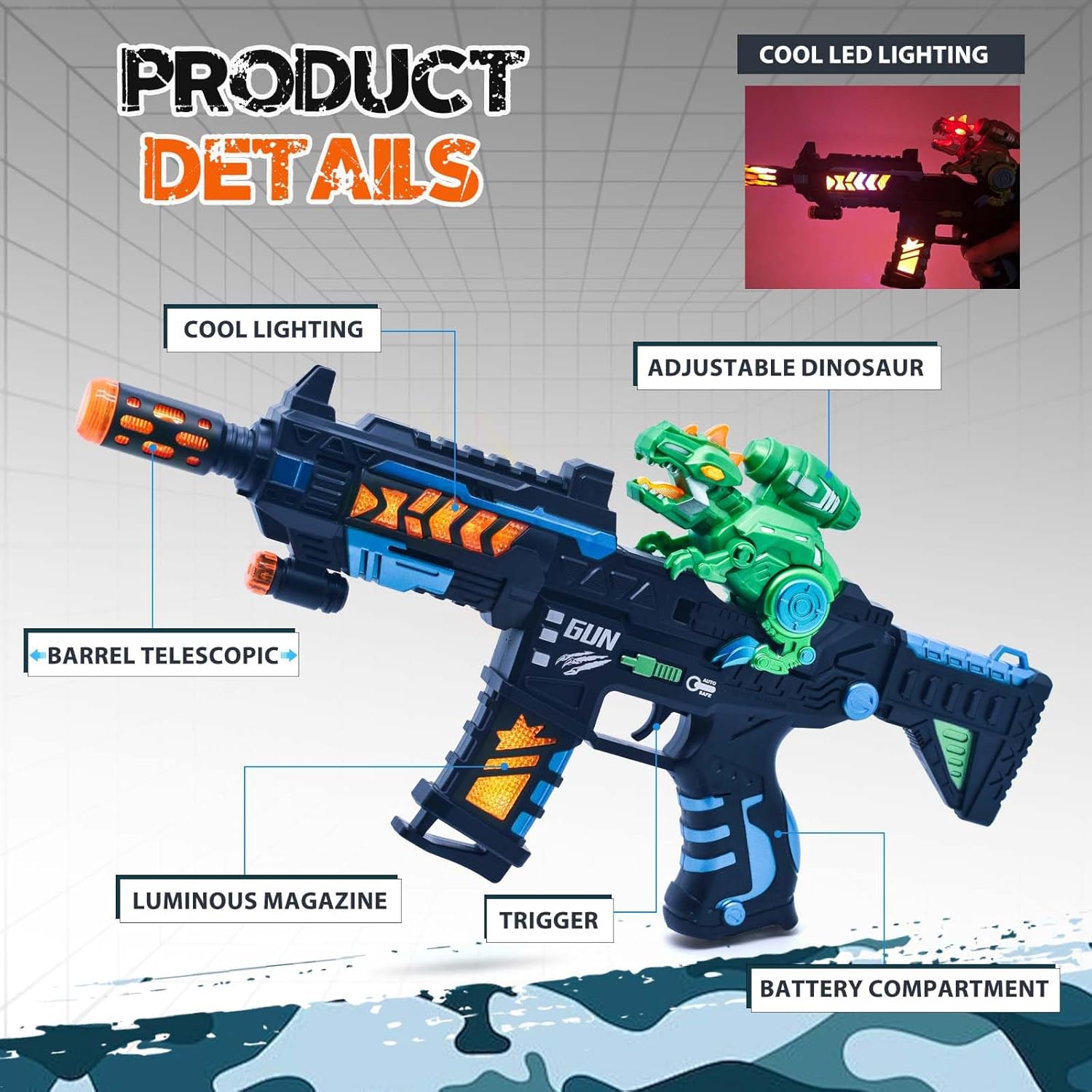 Light Up Toy Gun - Retractable Dinosaur & LED Lights & Sound Effect & Barrel Telescopic Actions - Pretend Play Props Toy Machine Guns Toys, Christmas Birthday Gifts for Boys Kids - Image 3