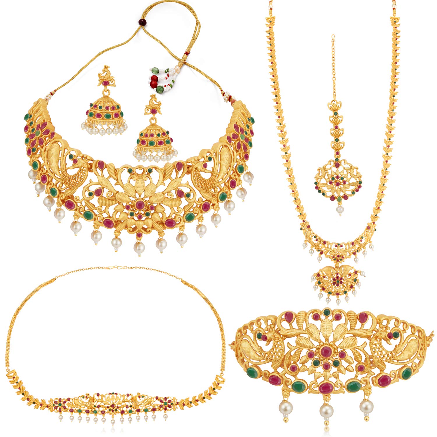 SukkhiTraditional Pearl Gold Plated Peacock Dulhan Set for Women (SKR70420), pink & green, free size
