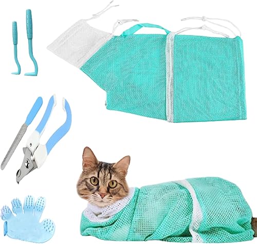 Bolsa de baño para gatos, bolsa de red ajustable para ducha y cortaúñas para mascotas, lima de uñas, guantes de aseo, herramienta de garrapatas,