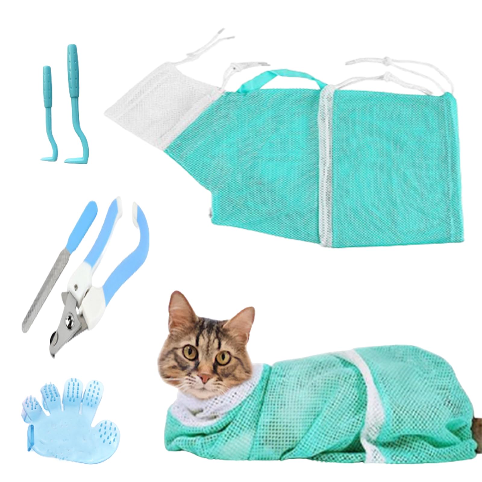 fghuim 6 Pieces Cat Bathing/Grooming Bag, Adjustable Cat Shower Net Bag and Pet Nail Clippers, Nail File, Grooming Gloves, Tick Tool，Pet Dog and Cat